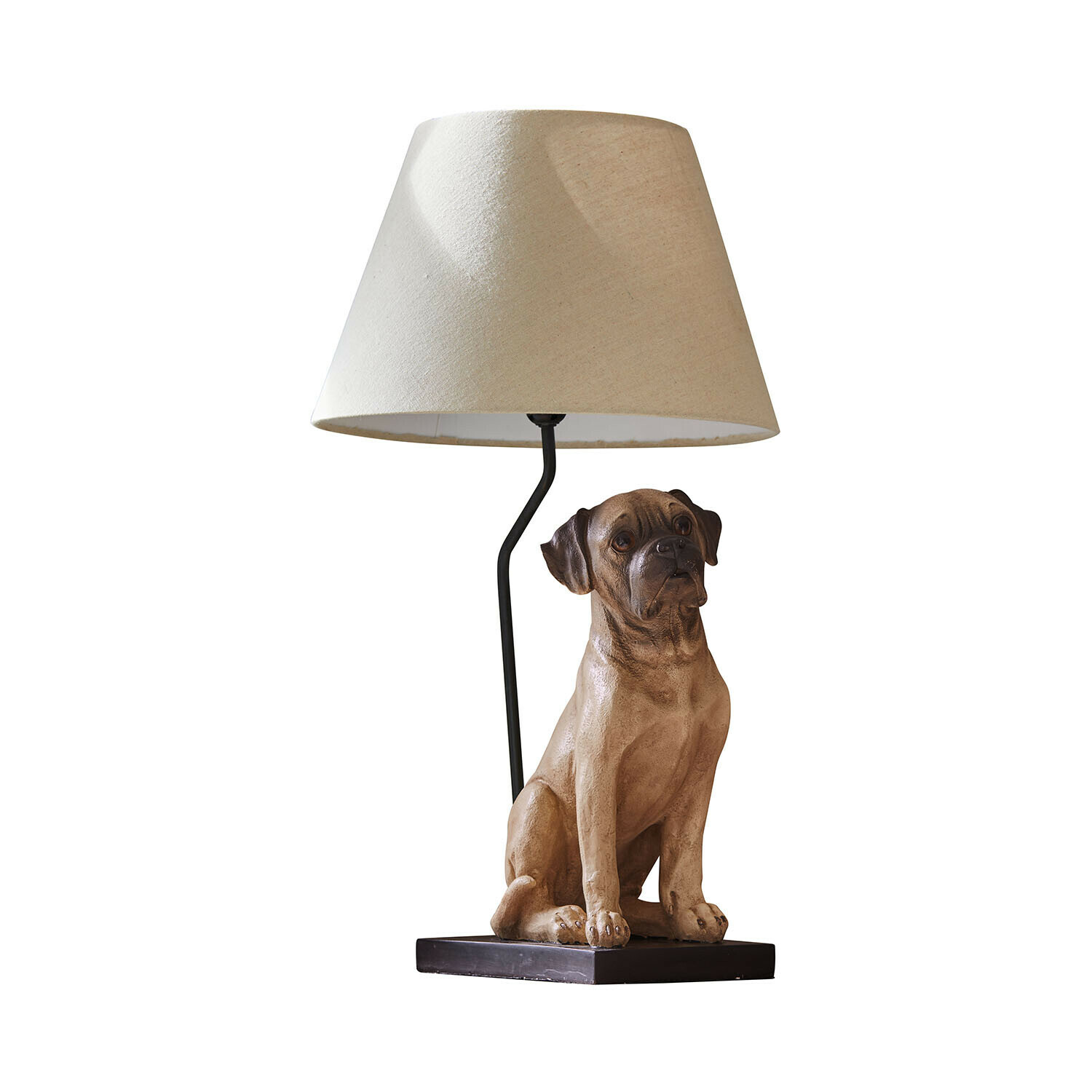 Tischlampe mit beigem Lampenschirm und braunem Hund aus Kunststoff als Sockel