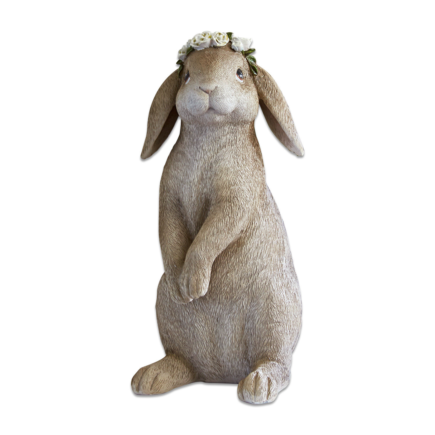 Hase Sweety Beige Hasenfigur mit weißem Blumenkranz, dekorative Frühlingsdekoration