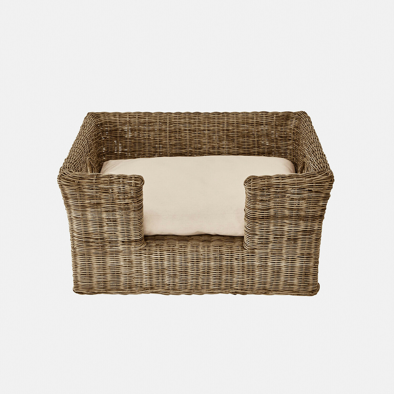 Haustierkorb Knuddo Quadratisches Hundebett aus natürlichem Rattan mit cremefarbenem Kissen, bequem und langlebig