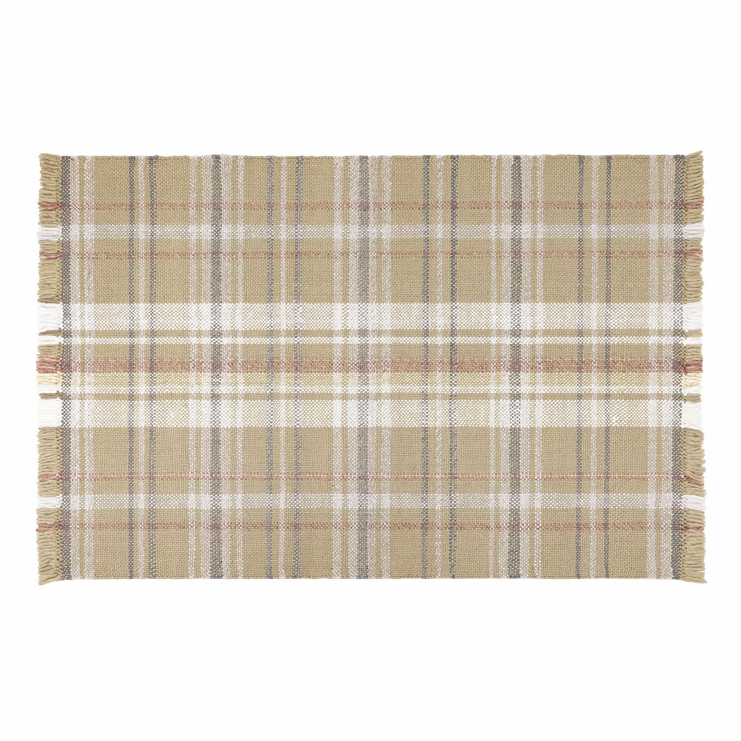 Beige Baumwollteppich mit Karomuster und Fransen, dekorativer Teppich für Innen und Terrasse