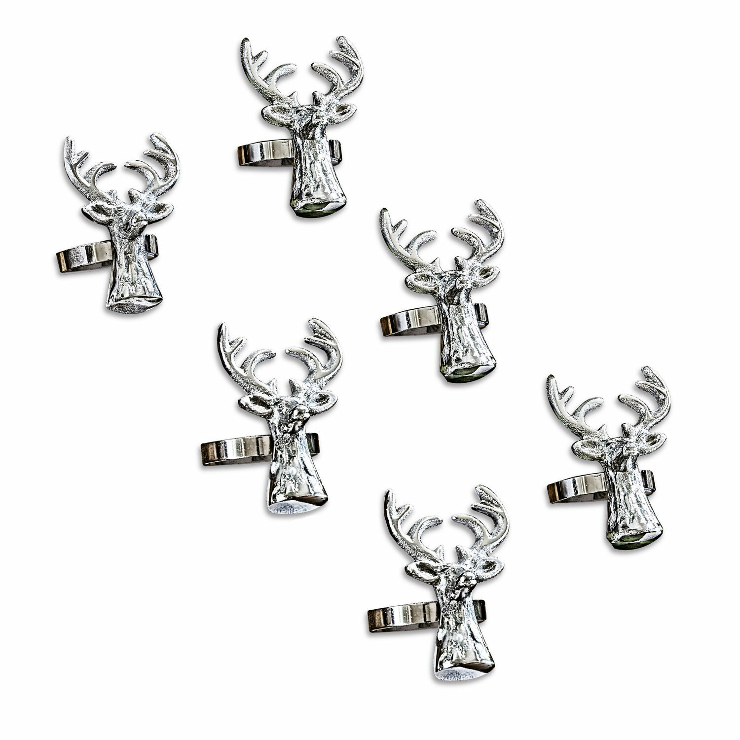 Serviettenring 6er Set Bisoro Sechs silberne Metallringe mit Hirschkopf, festliche Dekoration und Schmuck