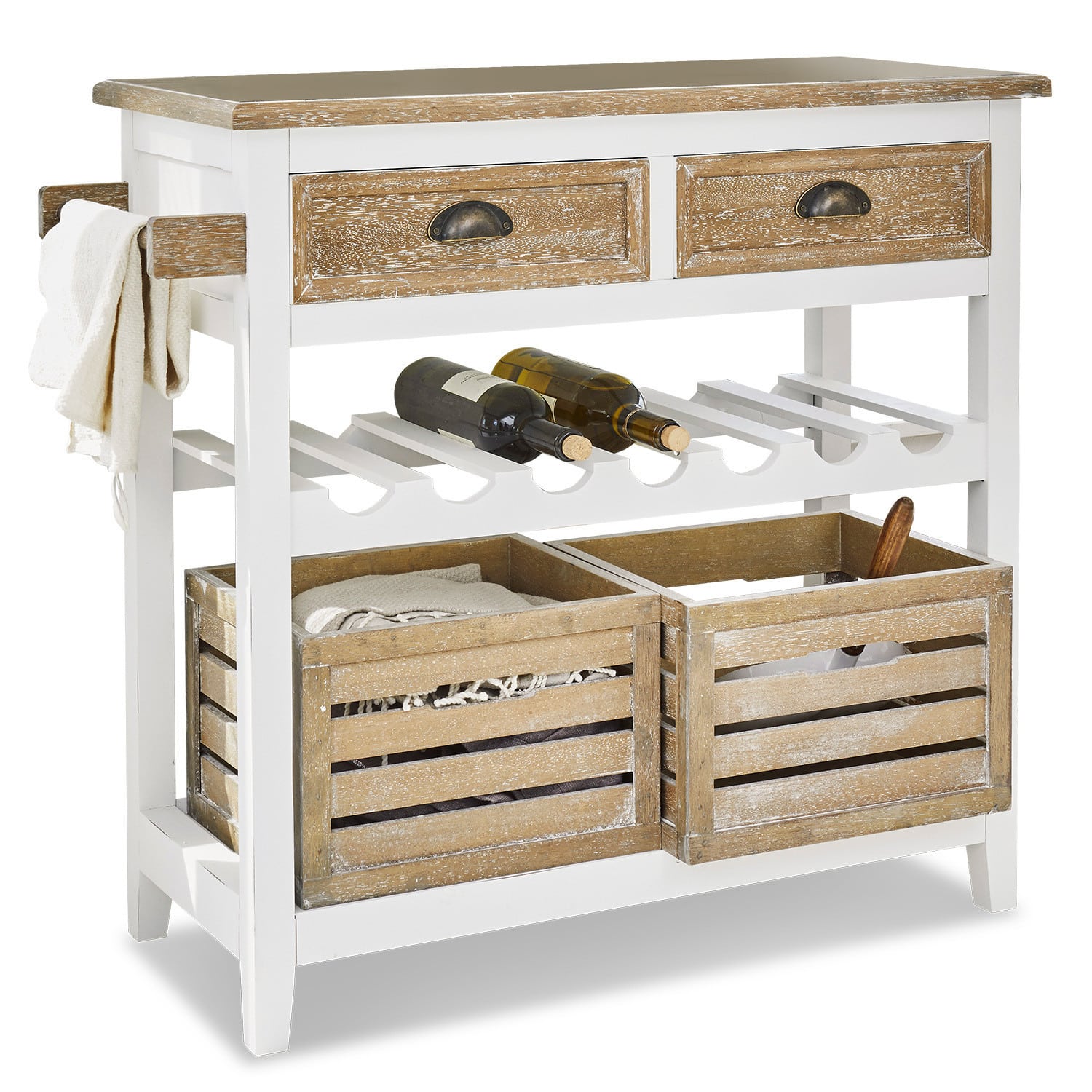 Weiß-braunes Küchenregal aus Holz mit Schubladen und Weinlager, praktisches Aufbewahrungsmöbel