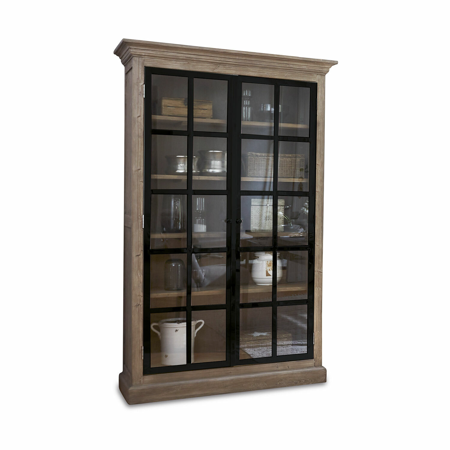 Vitrine aus Naturholz mit schwarzen Glastüren zur Aufbewahrung von Dekoration und Geschirr