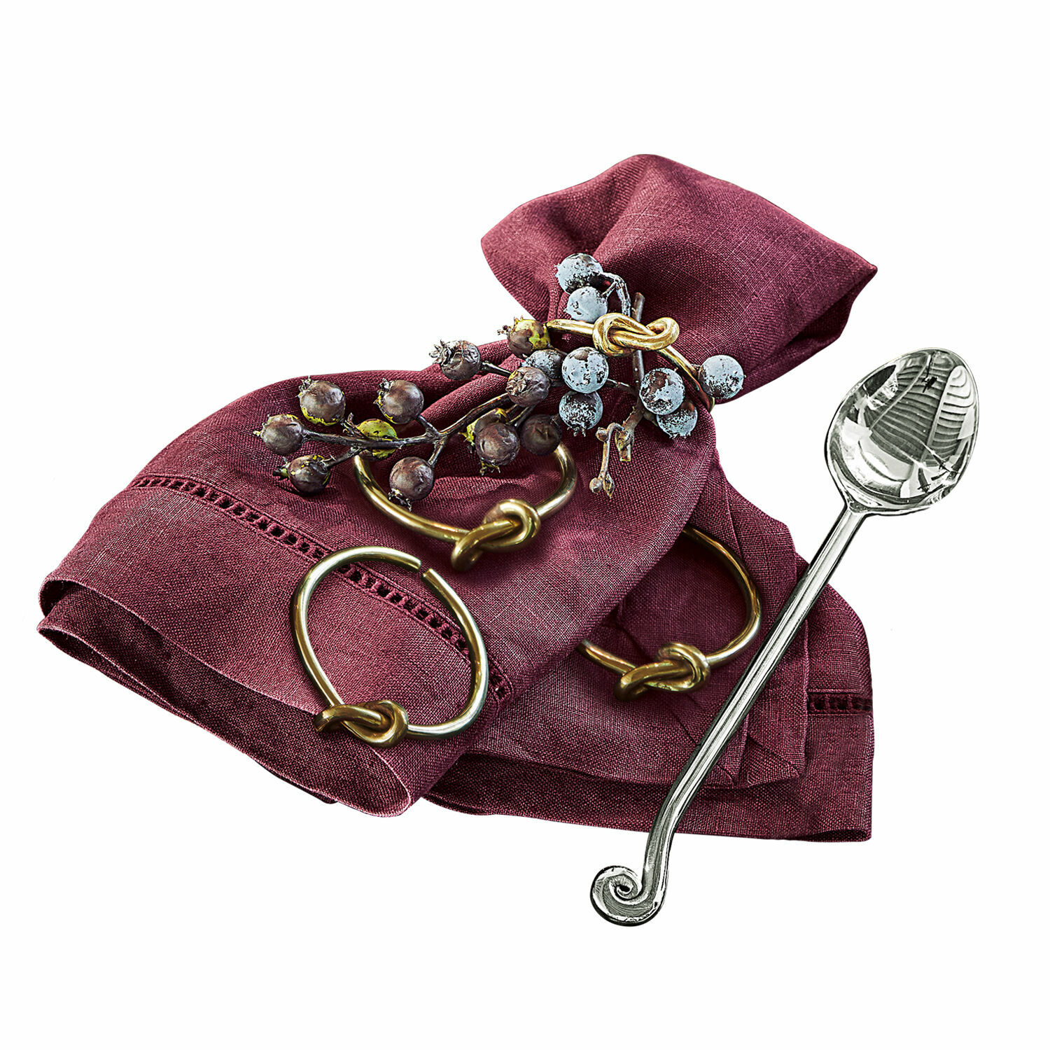 Serviettenring 4er Set Motje Bordeauxfarbene Leinenserviette mit Messingring und Beerendekor für den Tisch