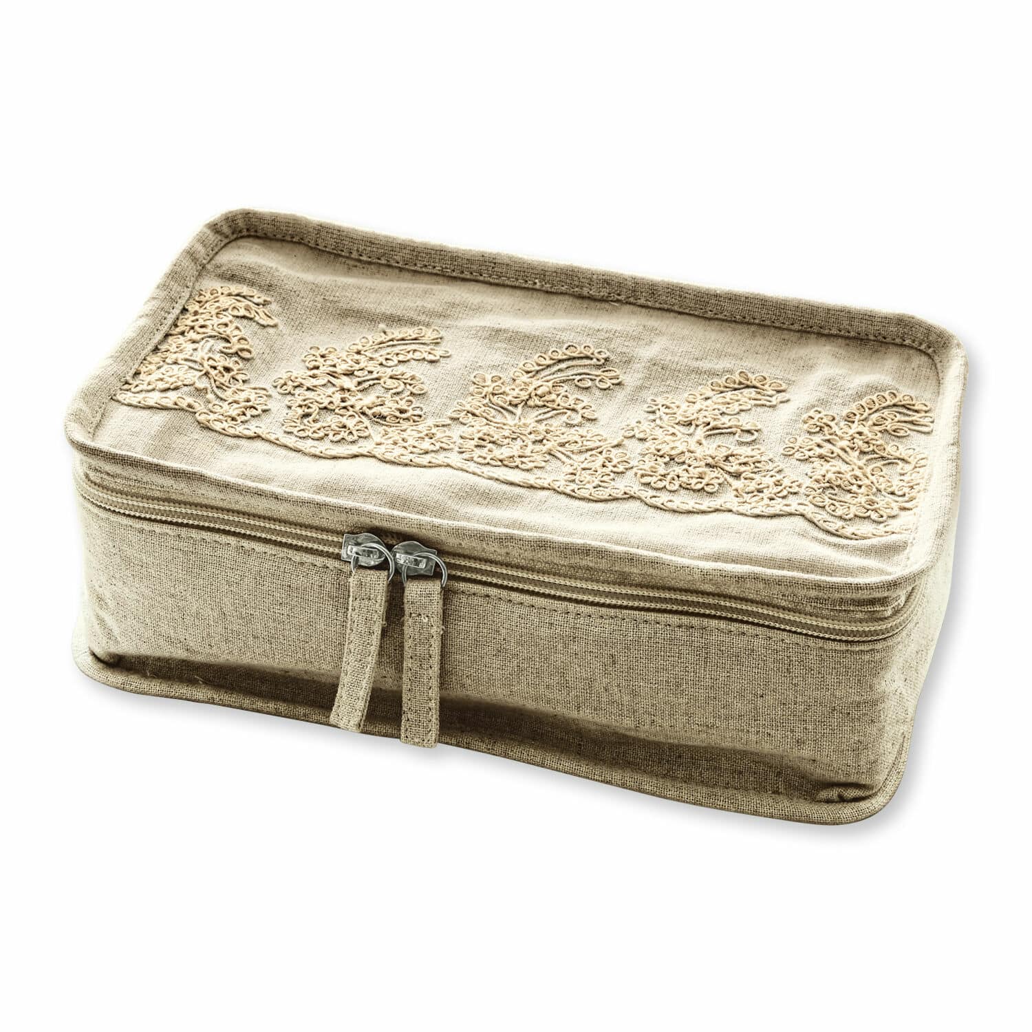 Beige Baumwoll-Kosmetiktasche mit besticktem Muster und Reißverschluss zum Verstauen