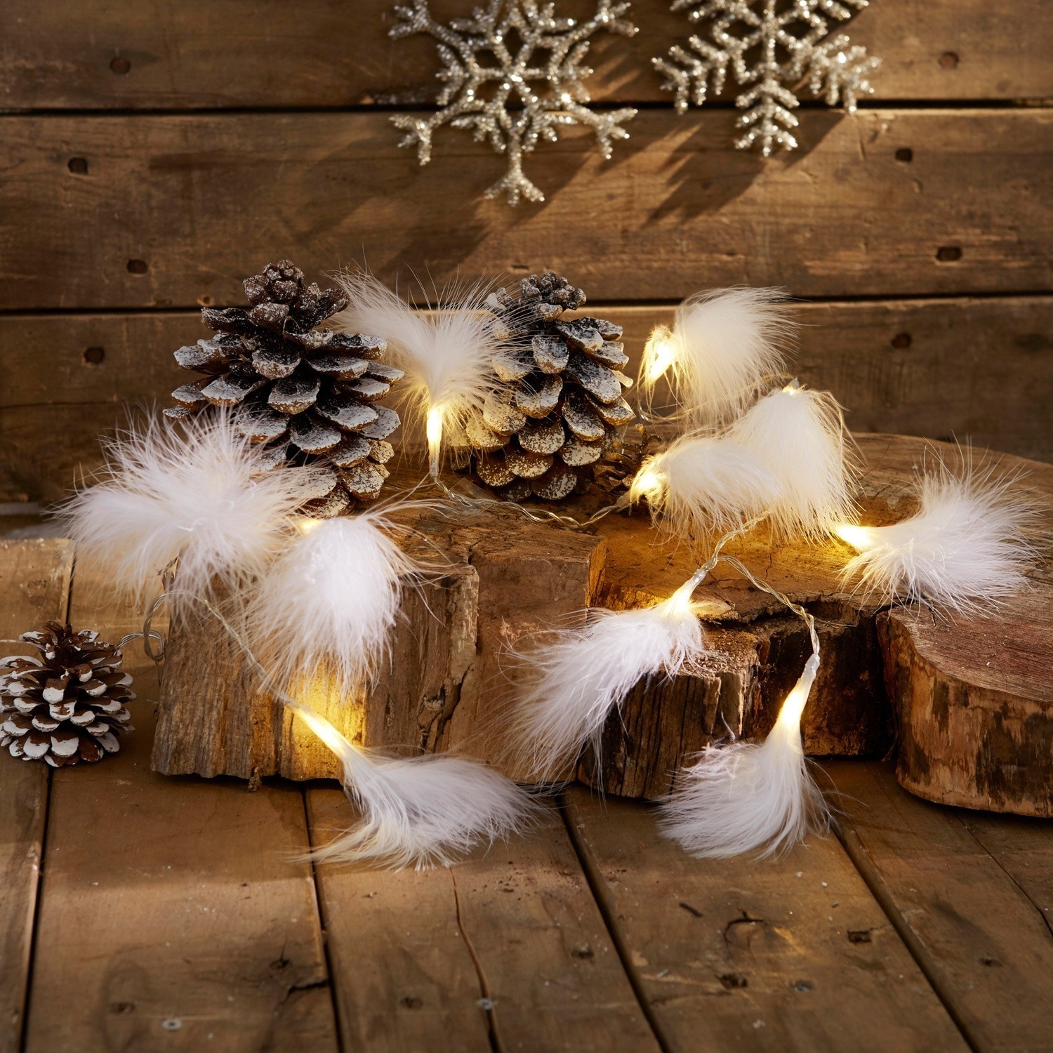 Lichterkette 2er Set Forres Lichterkette mit weißen Federn auf Holzuntergrund mit Tannenzapfen und Winterdekoration