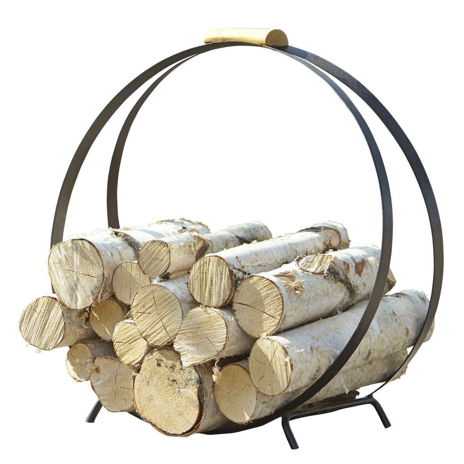 Schwarzer Metall-Holzkorb mit Holzgriff, gefüllt mit hellen Birkenholzscheiten