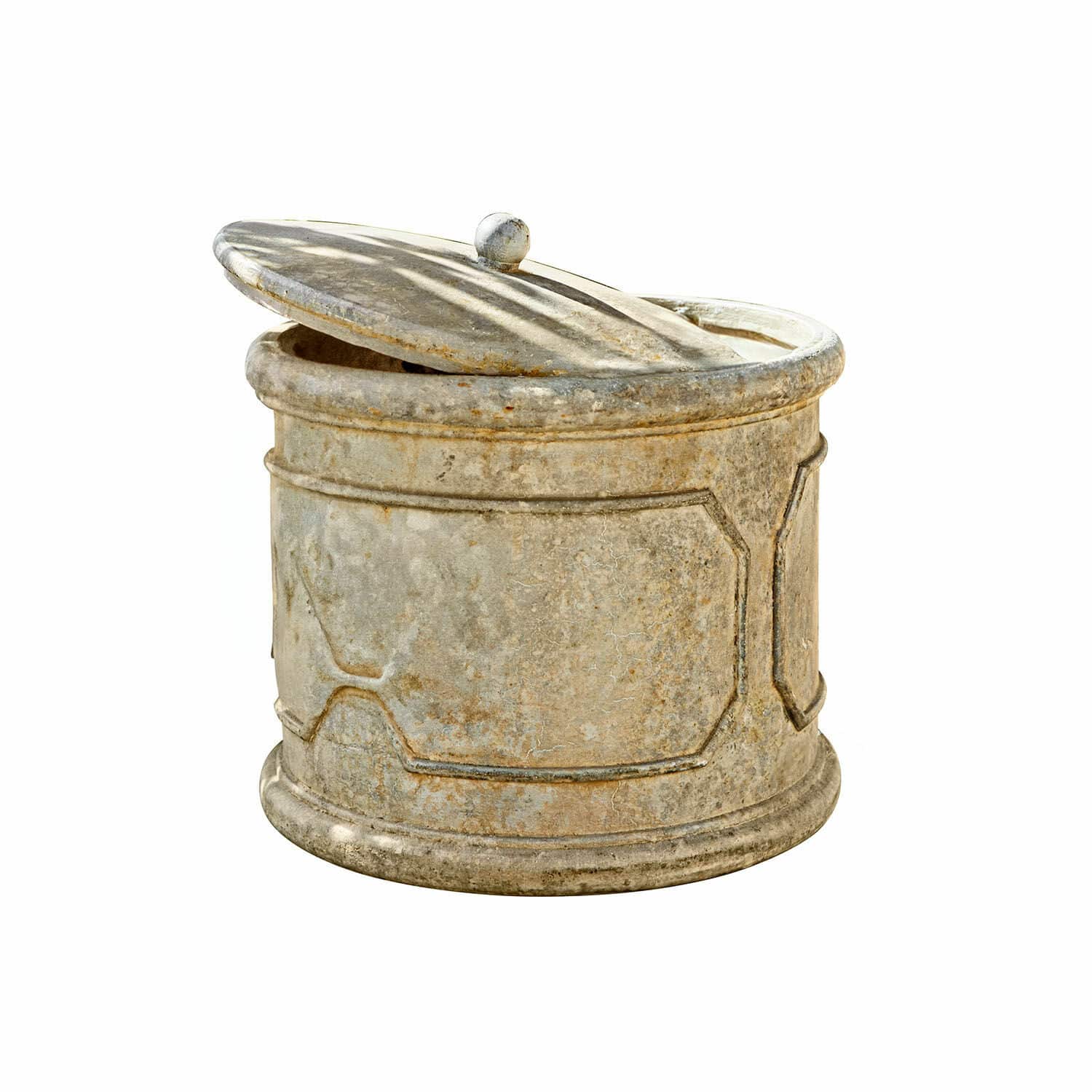 Runder grauer Steintopf mit Deckel und dekorativem Muster, Gartendekoration