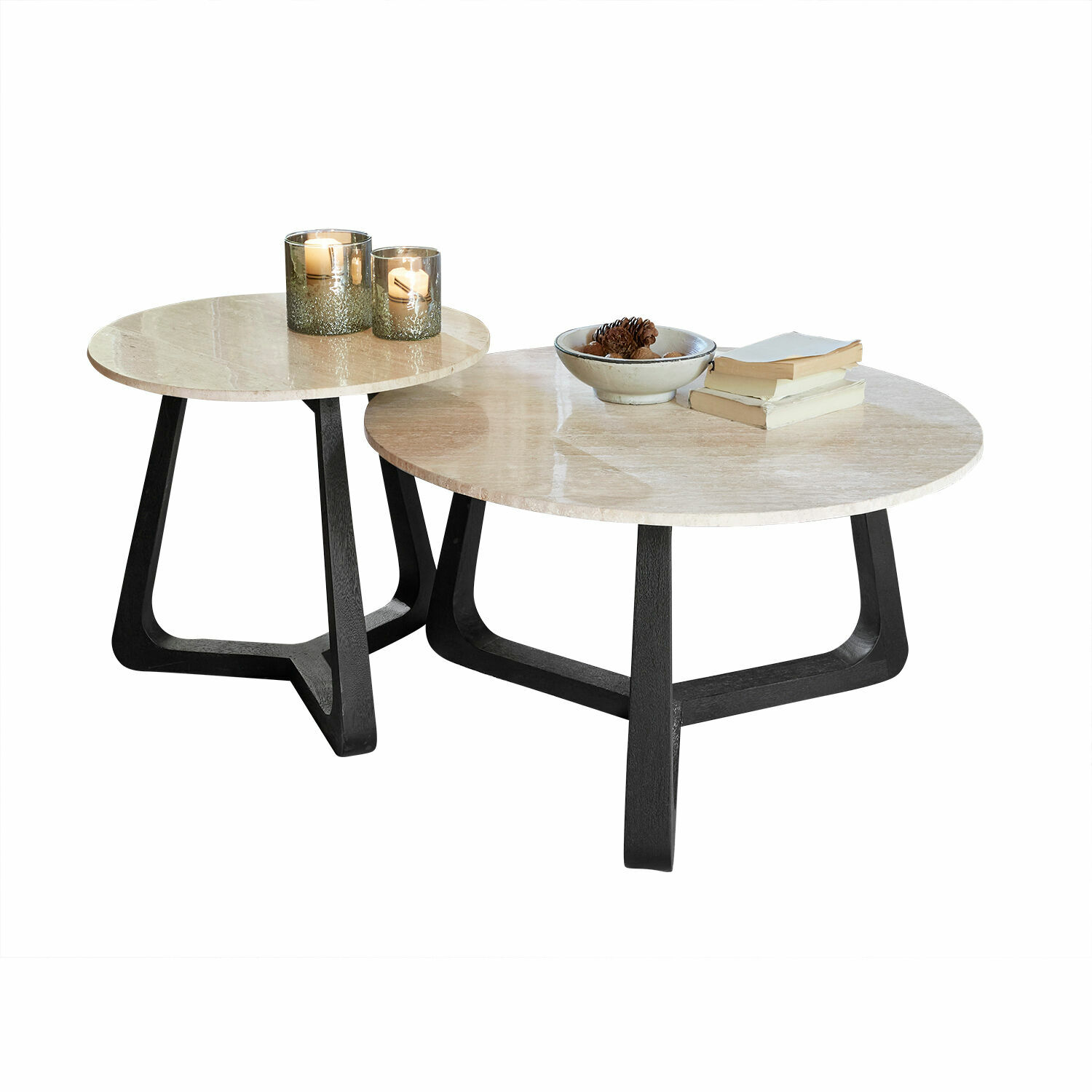 Couchtisch 2er Set Tressane Zweier-Set runder Couchtische mit hellem Marmorplatte und schwarzem Metallgestell
