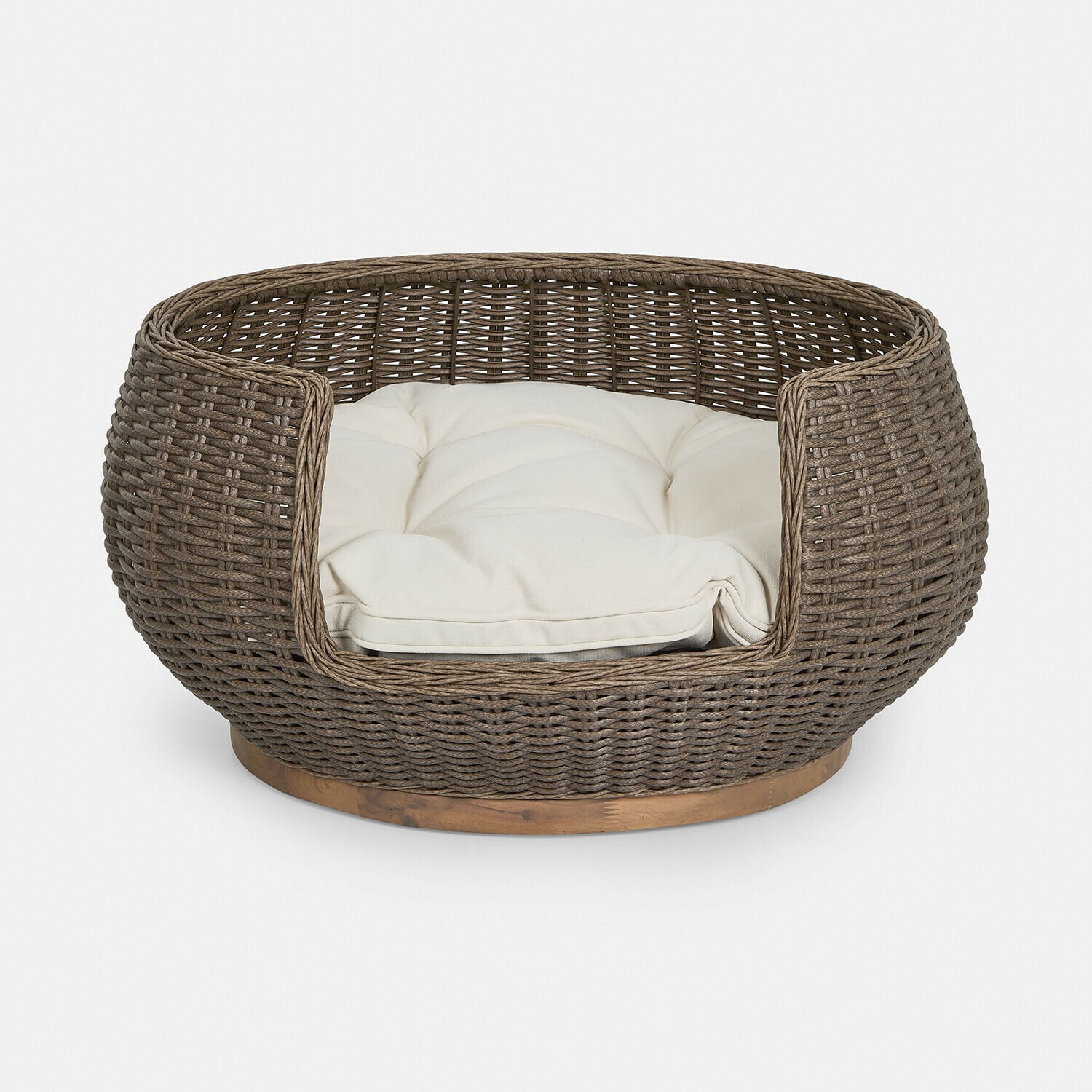 In- & Outdoor-Haustierbett Brinelza Rundes Haustierbett aus braunem Rattan mit cremefarbenem Kissen, gemütlicher Ruheplatz