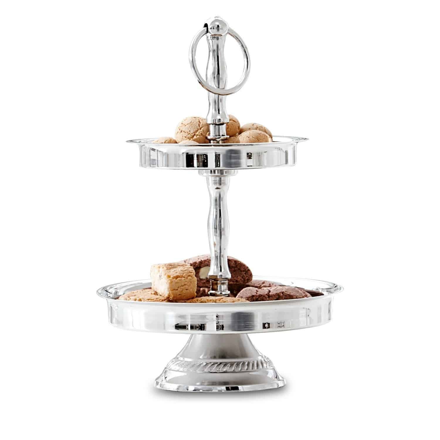 Zweistöckige Etagere aus silbernem Edelstahl mit Keksen, eleganter Süßigkeitenständer