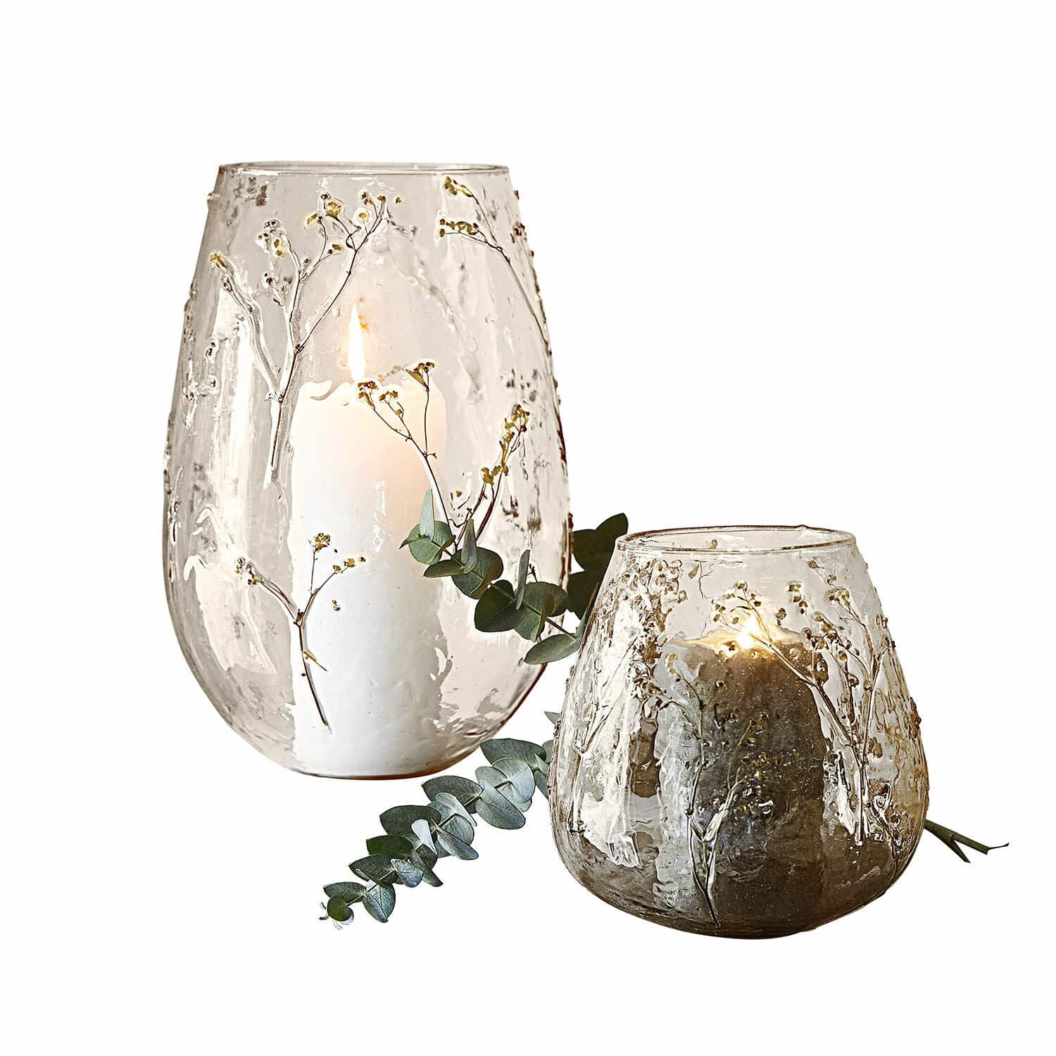 Windlicht 2er Set Elorisse Glas-Lampion mit Zweig- und Trockenblumenmuster, transparent und braun, stilvolle Wohnraumdeko