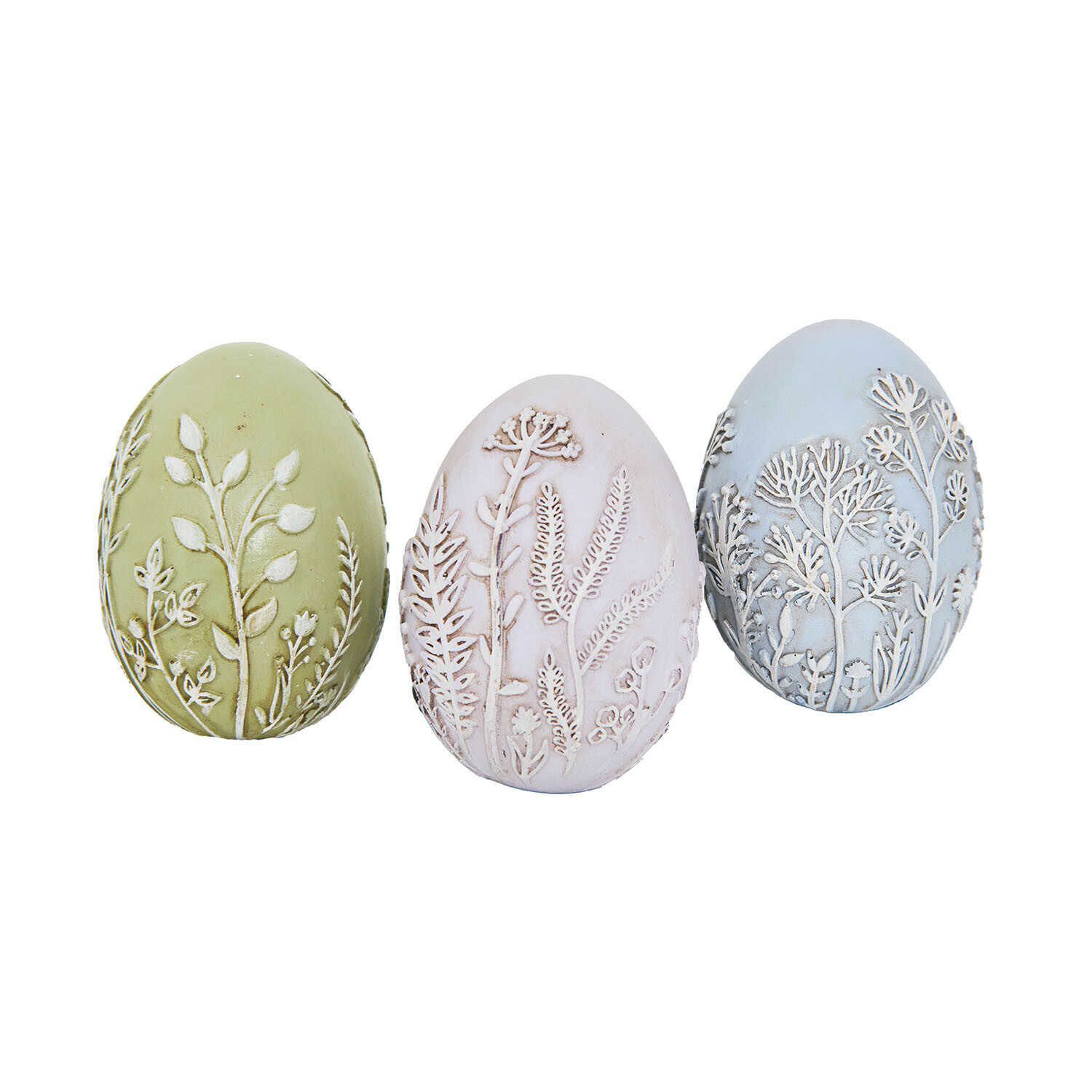 Osterei 3er Set Fauverine Set aus drei dekorativen Keramikeiern in Pastellfarben mit floralen Reliefmustern