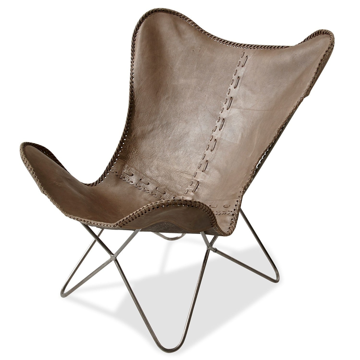 Brauner Butterfly-Sessel aus Naturleder mit Metallgestell, bequemer Lounge-Stuhl