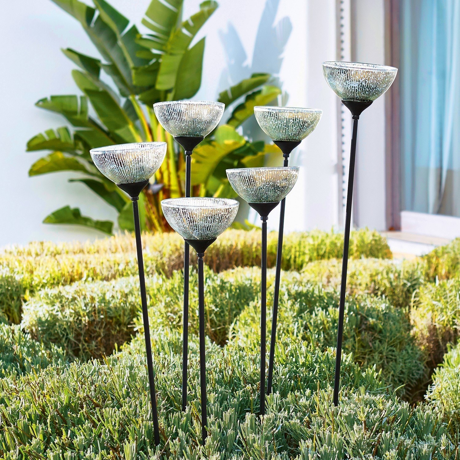 Sechsteiliges Set Gartenlampen mit schwarzen Metallständern und transparentem Glas