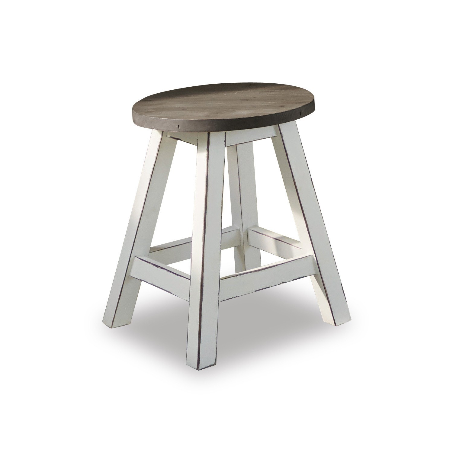 Holzhocker mit weißem Gestell und braunem rundem Sitz, rustikales Möbelstück