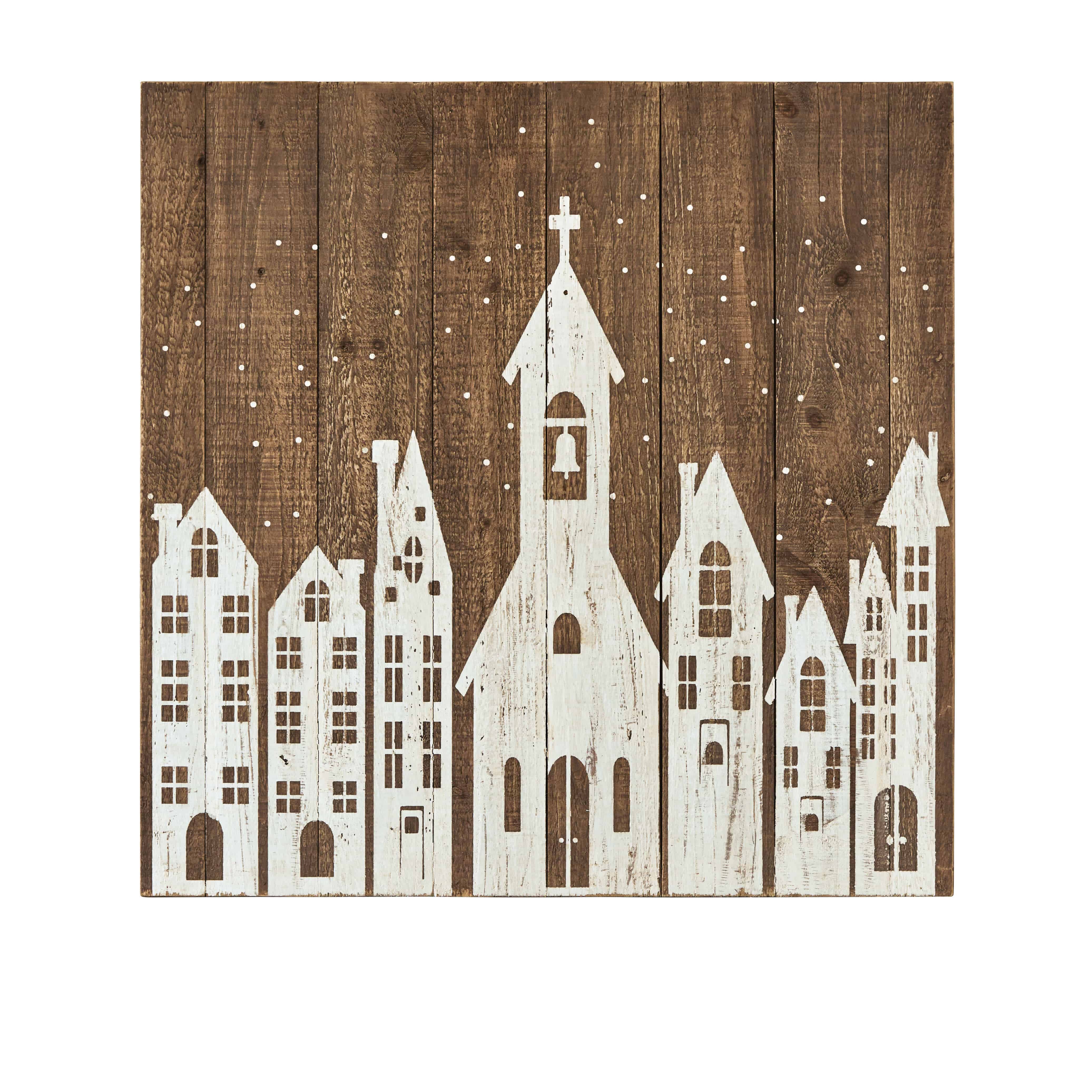 Holzwanddeko mit weißen Häusern und Kirche auf braunem Hintergrund, rustikale Weihnachtsdekoration