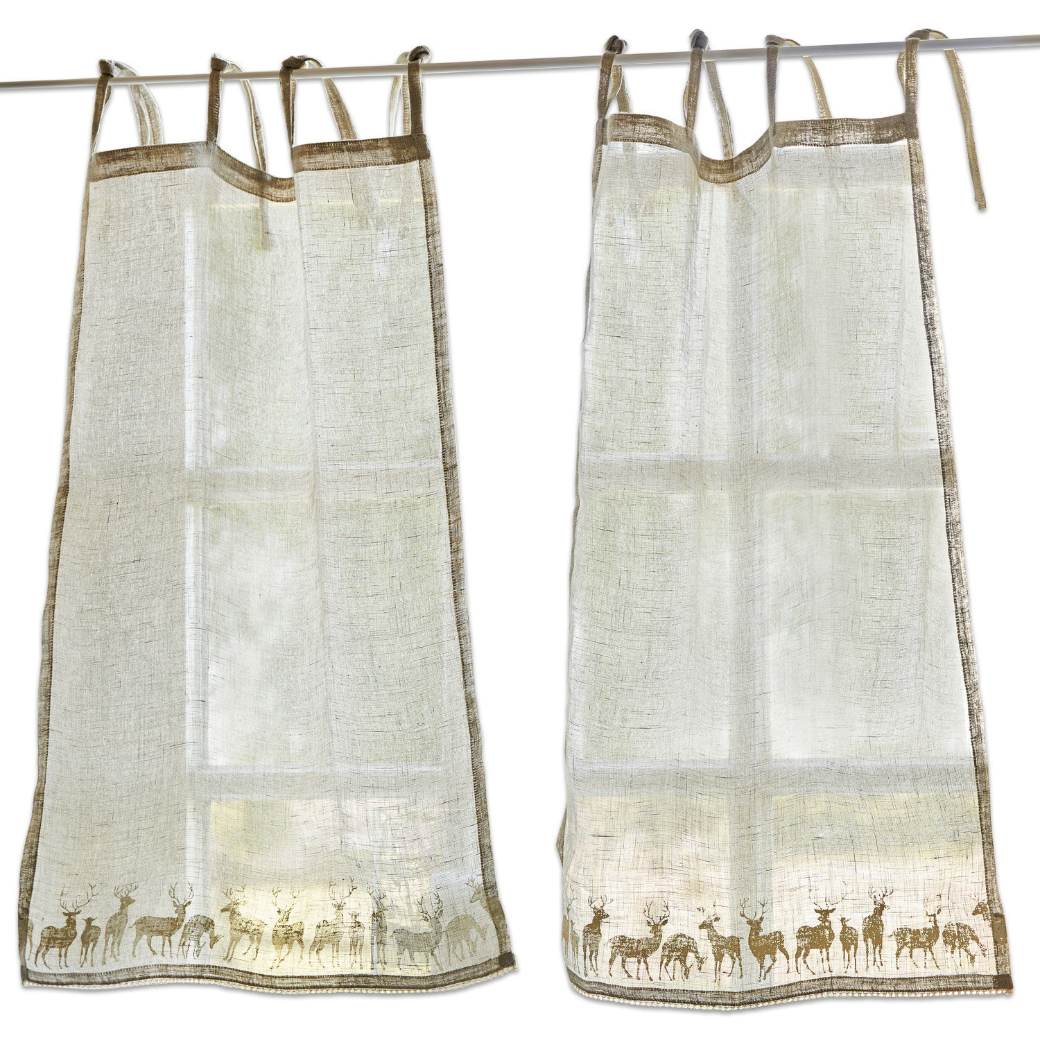 Transparente Leinenvorhänge in Ecru mit braunem Hirschmuster am unteren Rand, dekorative Fensterdekoration