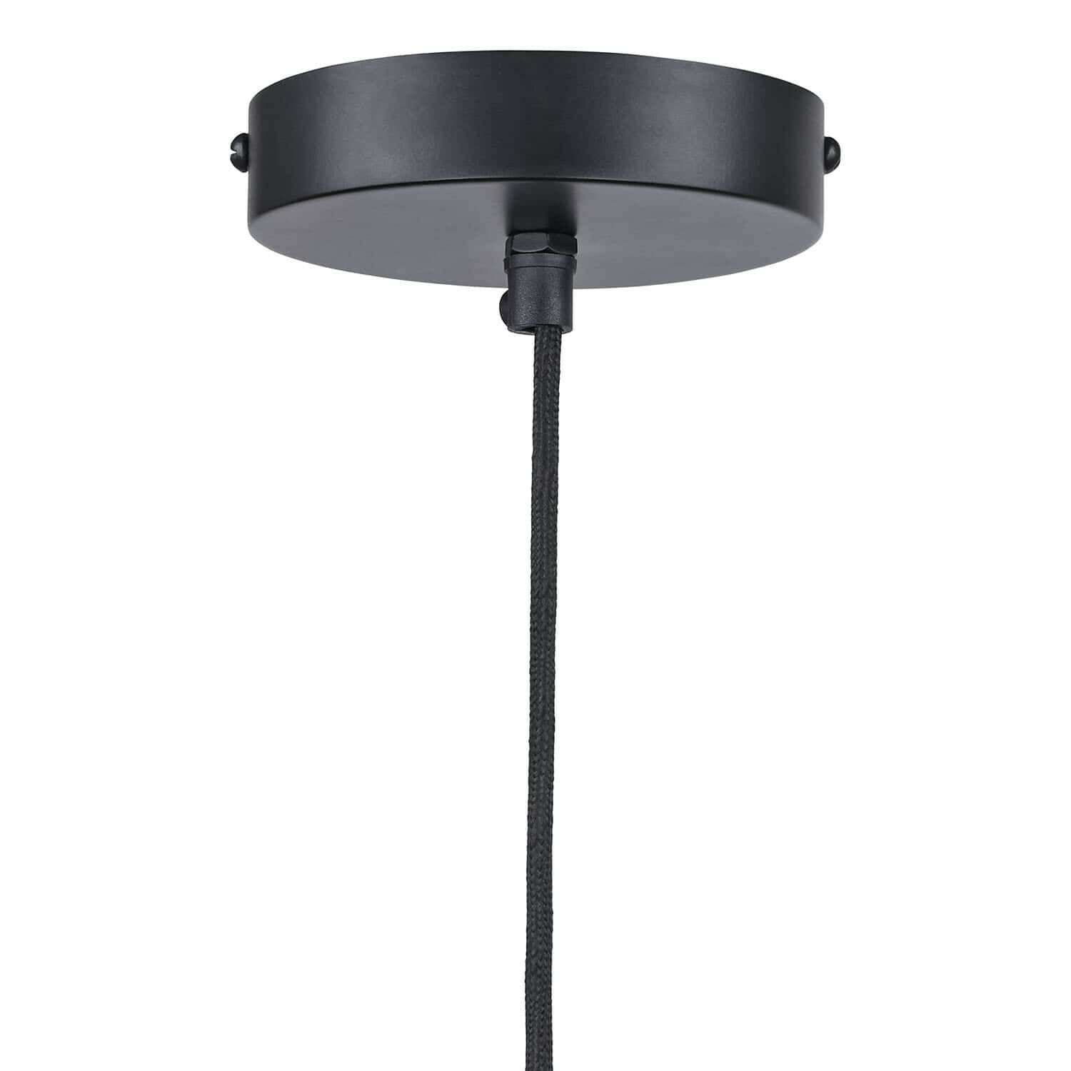 Schwarze Metall-Podsufitka mit Textilkabel für Pendelleuchte, modernes Beleuchtungselement