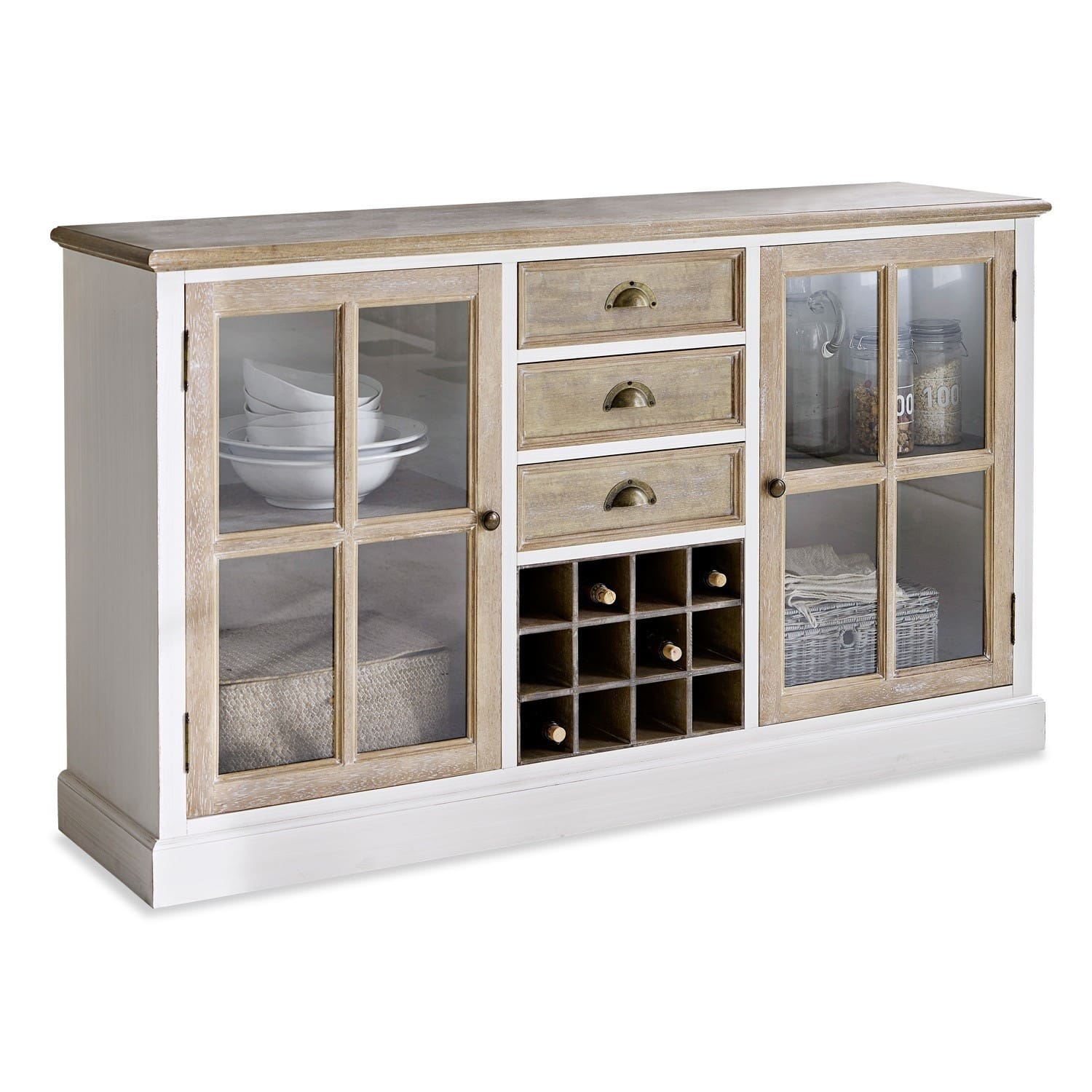 Kommode Magoffin Kommode aus Holz und Glas in Weiß und Natur mit Schubladen und Weinregal