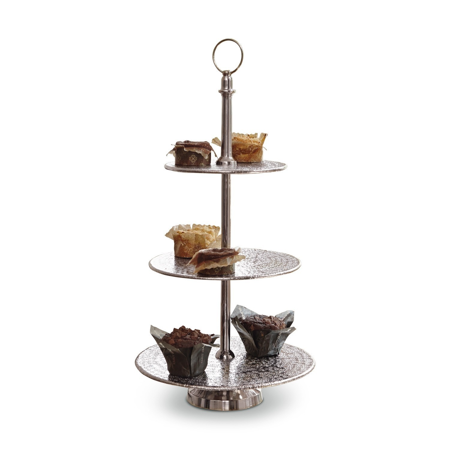 Dreistöckige Etagere aus silbernem Metall mit Muffins, eleganter Kuchenständer für Desserts
