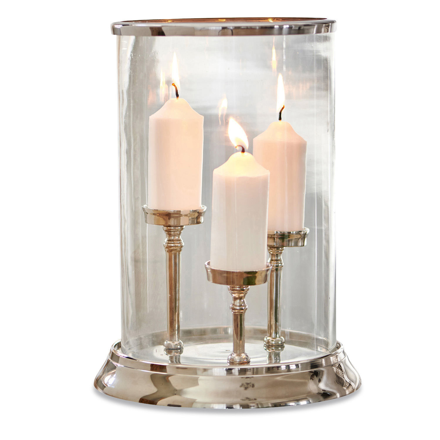Windlicht Vinzan Glas-Kerzenhalter mit Metallfuß und drei weißen brennenden Kerzen, Wohnaccessoire