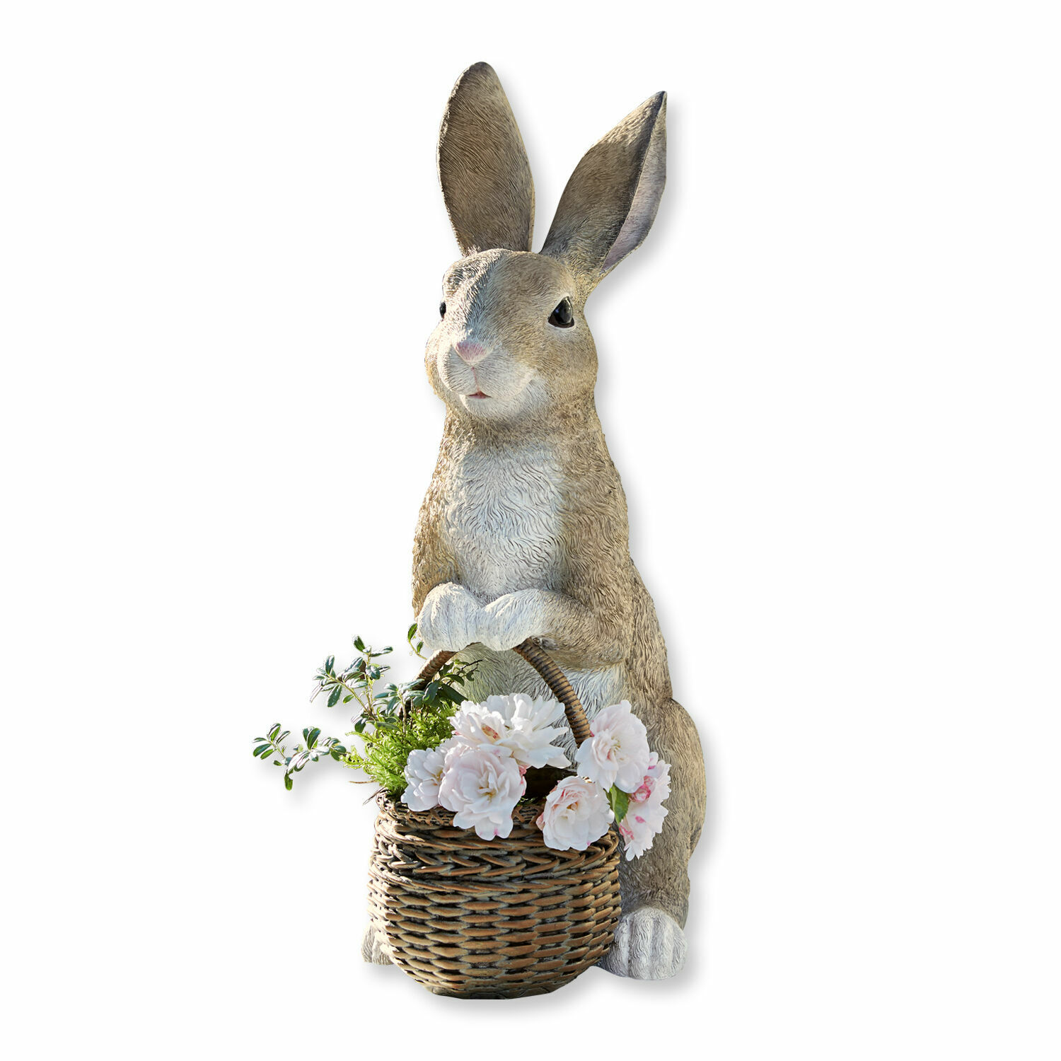 Hase mit Pflanzkorb Alais Braune Kunststoff-Hasenfigur mit Korb und weißen Dekoblumen als Gartendekoration