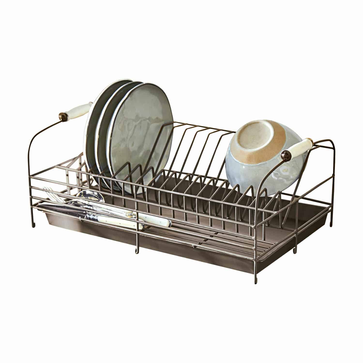 Geschirrständer Nara Metall-Abtropfgestell in Braun mit Griffen und Auffangschale für Teller und Besteck
