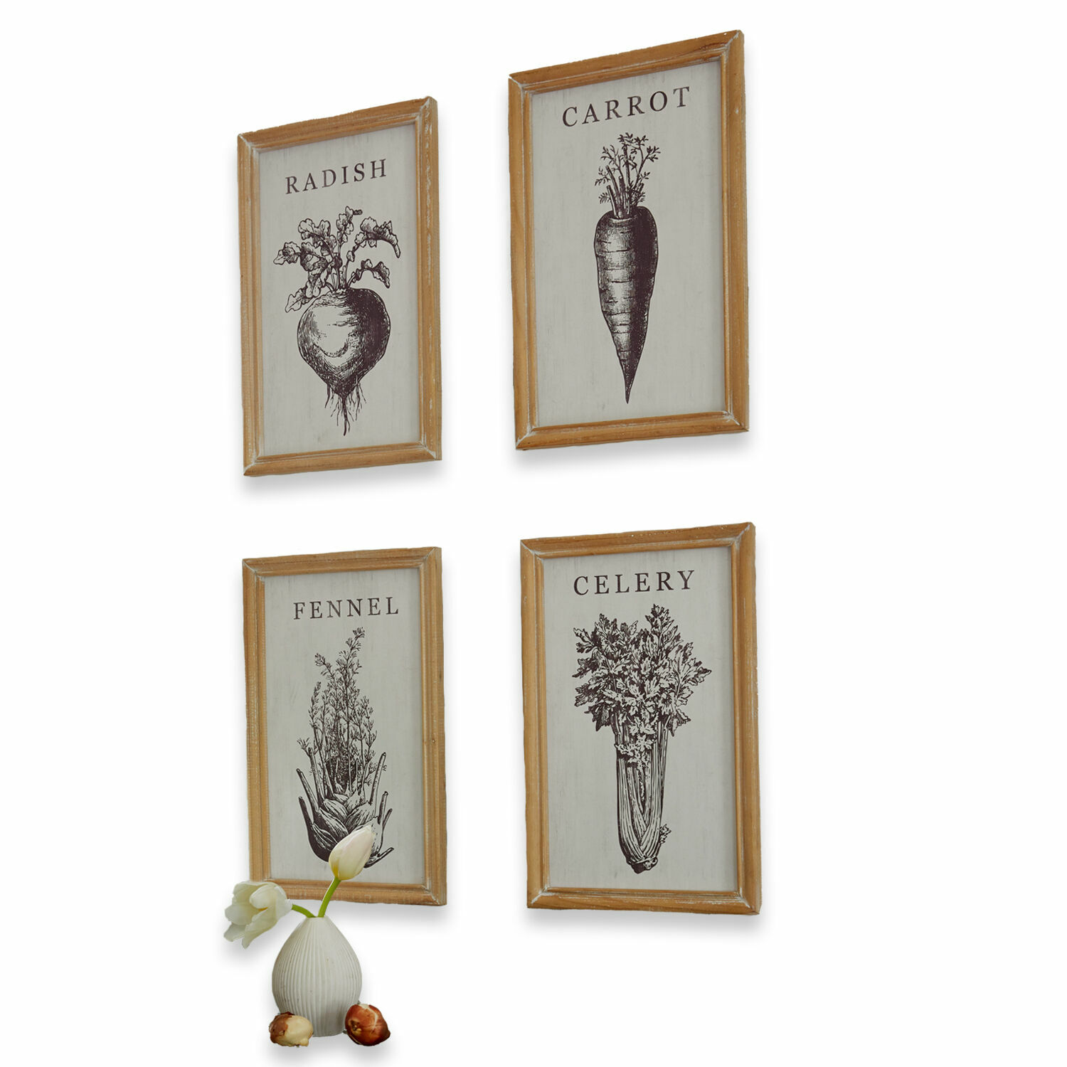 Set aus 4 Holzrahmen mit Gemüsezeichnungen und Schriftzügen, Wanddeko für Küche