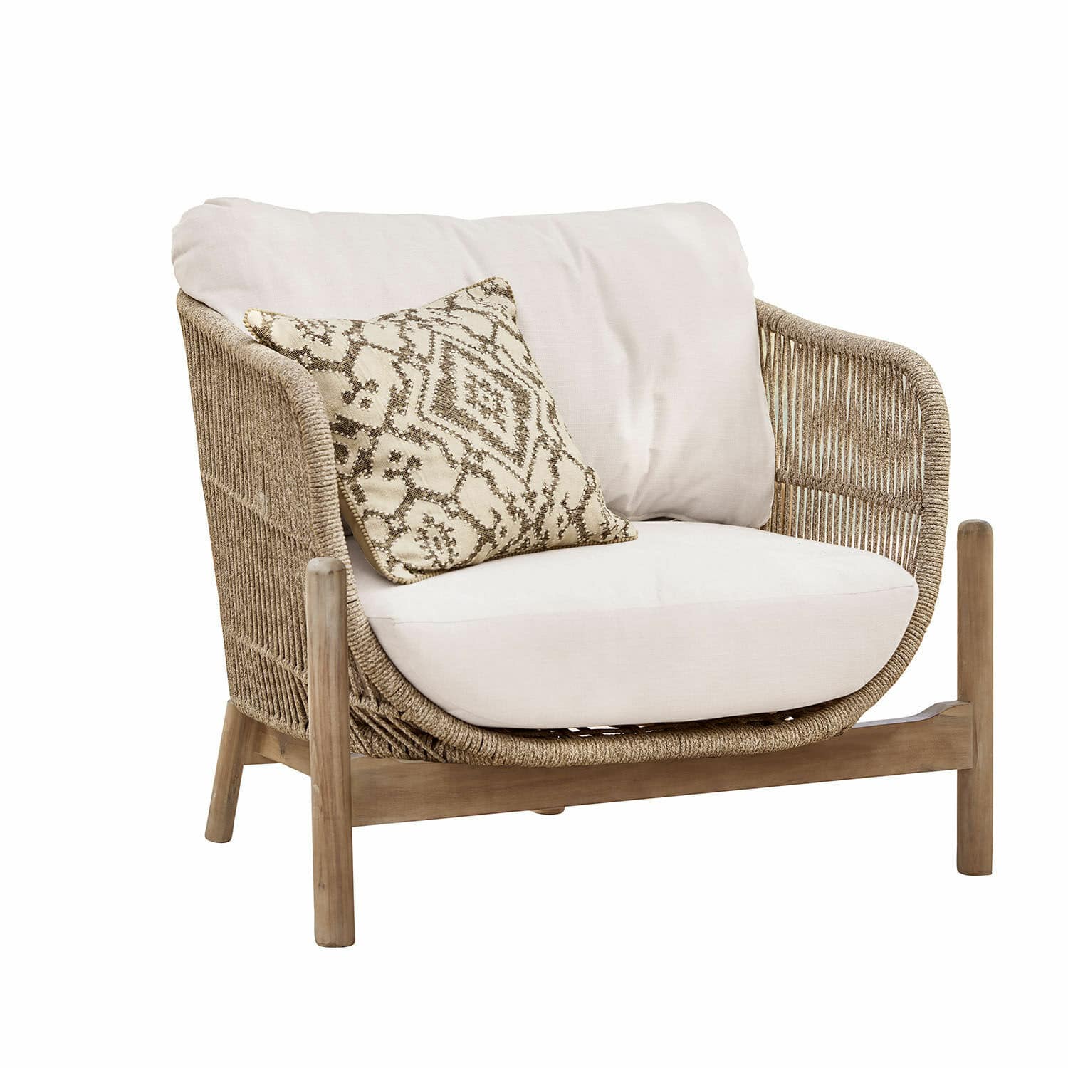 Sessel FSC®-100% Belvidere Sessel mit beigem Kissen und geflochtenem Rücken aus Naturholz und Stoff
