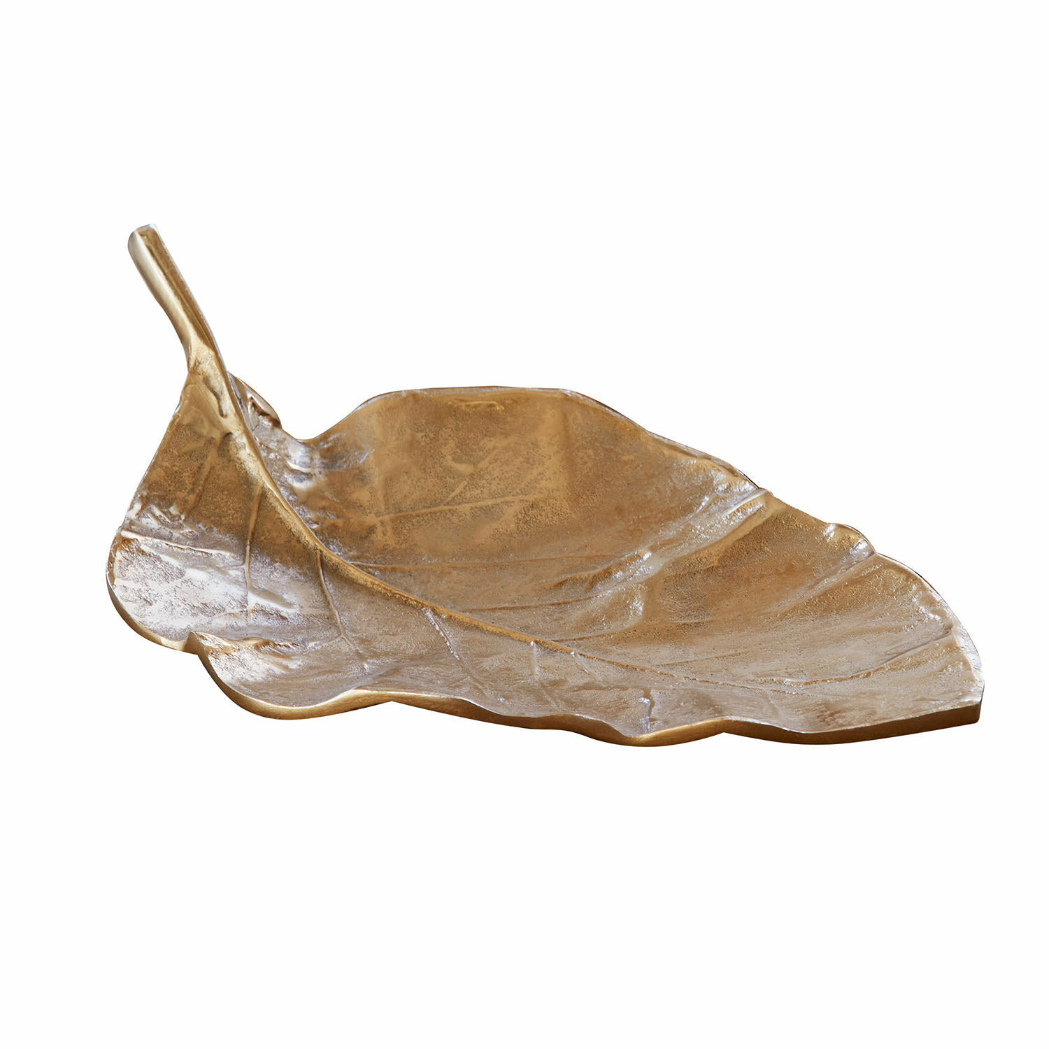 Dekorative Schale in Blattform aus goldenem Metall, stilvolles Wohnaccessoire