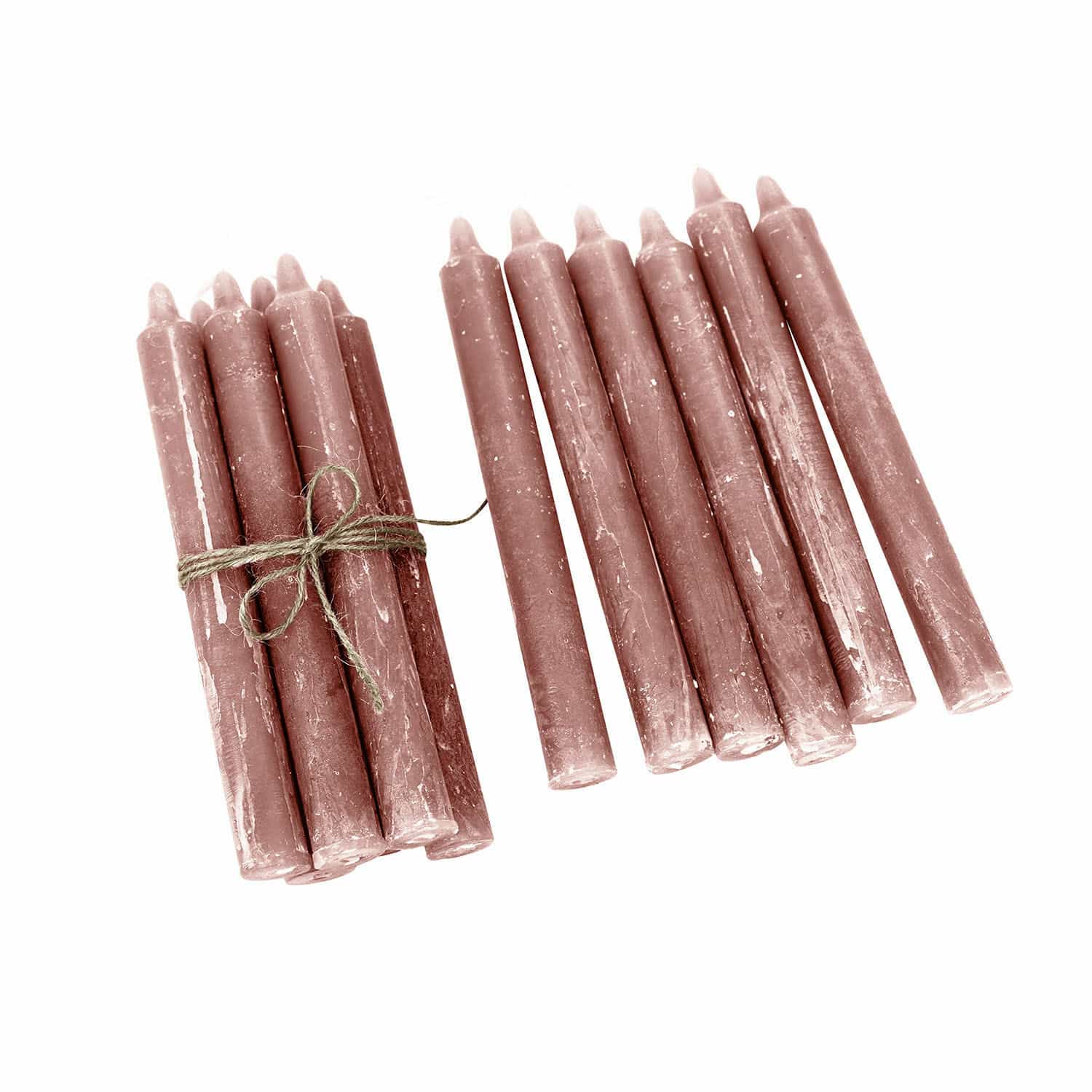 Kerze 12er Set Bauceau Set aus rosa Stabkerzen aus Wachs, mit Schnur gebunden, dekoratives Wohnaccessoire
