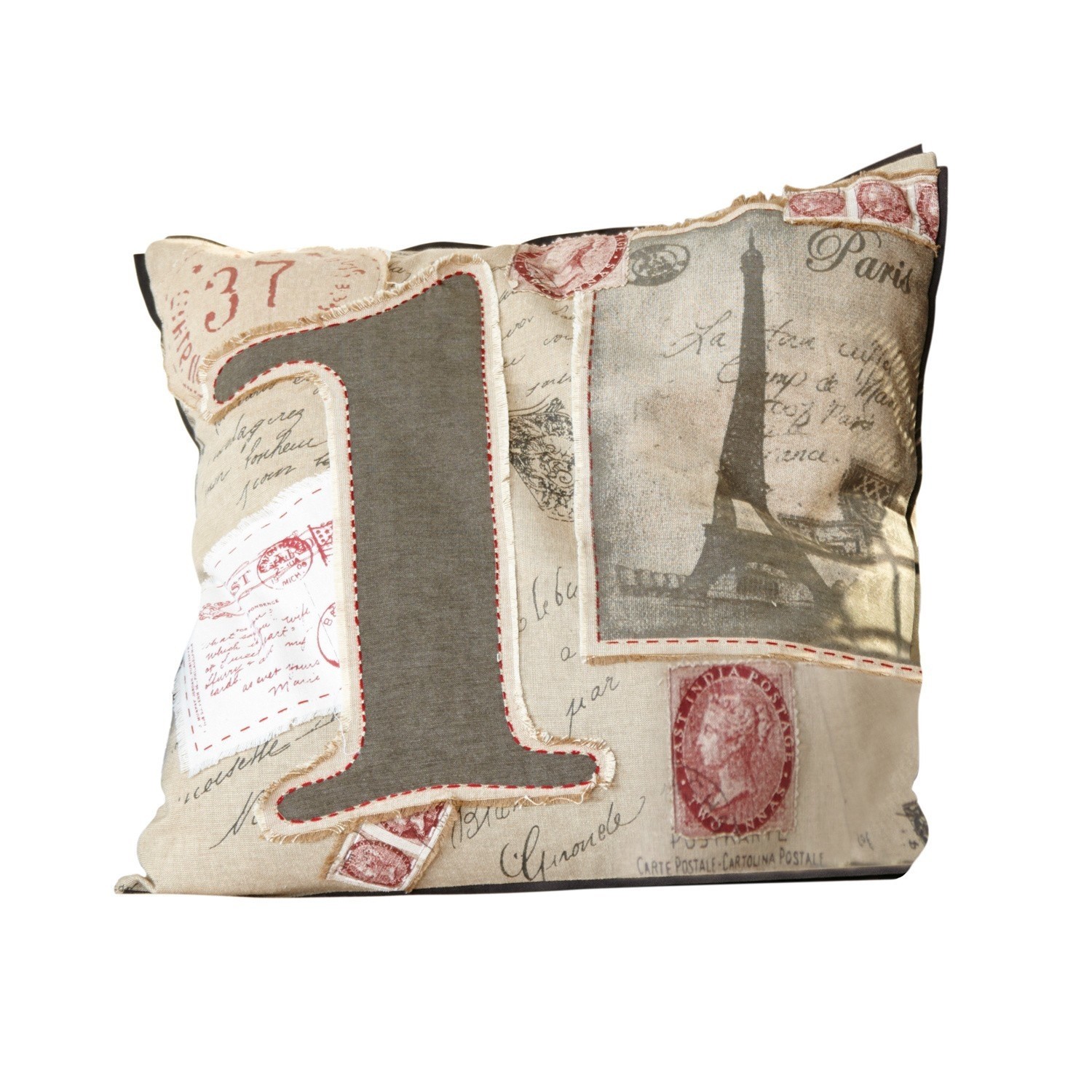 Beige Baumwollkissen mit Paris-Motiv und großer grauer Zahl 1, dekorativer Vintage-Stil