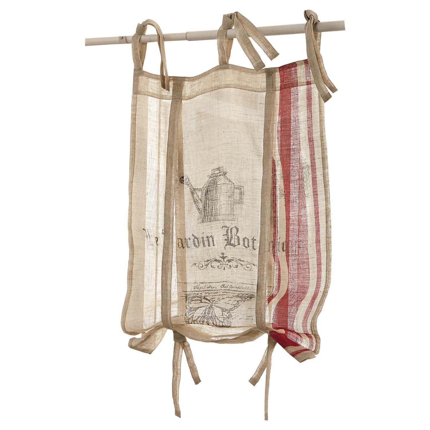 Leinen-Küchenvorhang in Beige und Rot mit Gießkannenmotiv und Schriftzug bedruckt