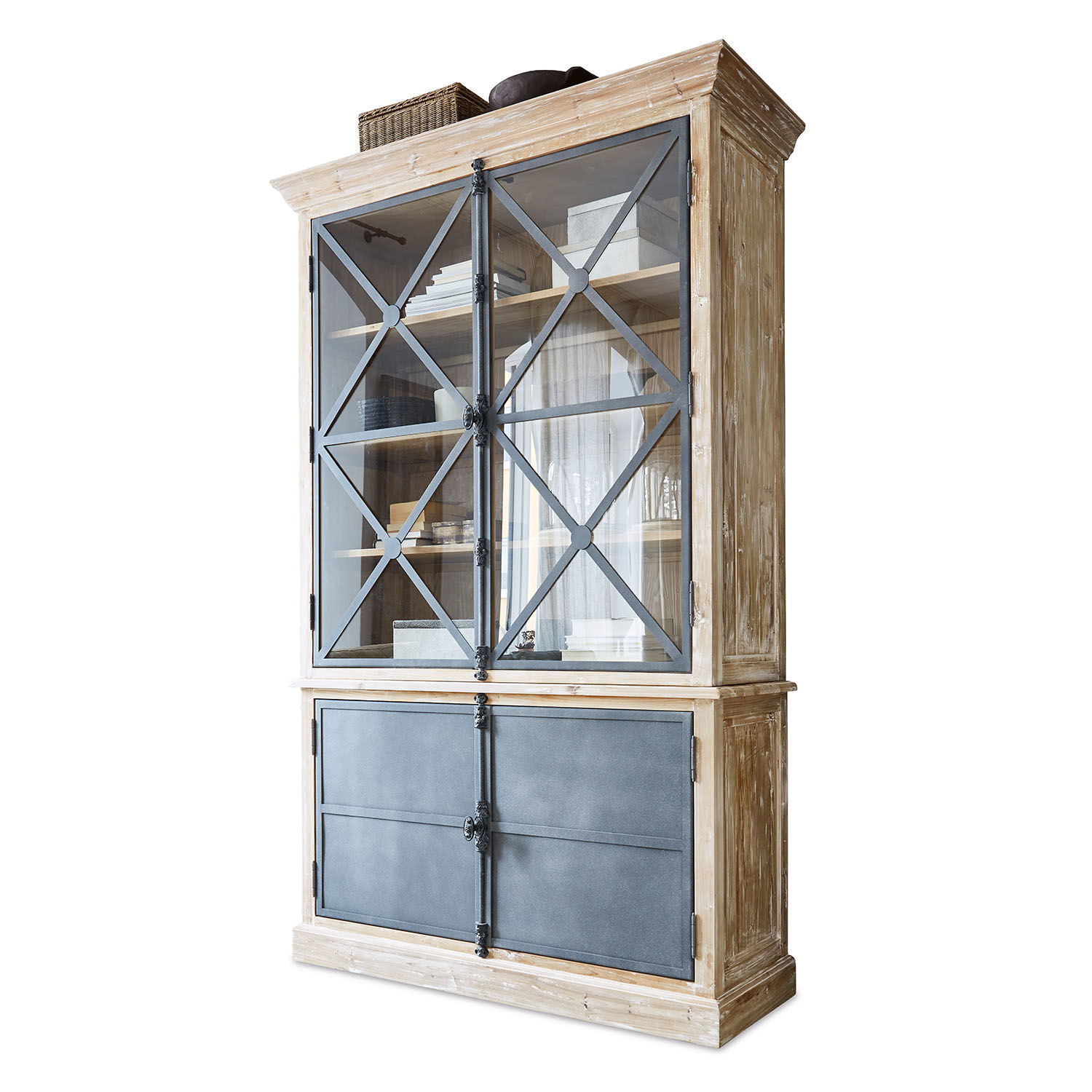 Schrank Kingswin Vitrine aus Holz und Metall in Naturfarben mit Glastüren und Regalen für Bücher und Deko