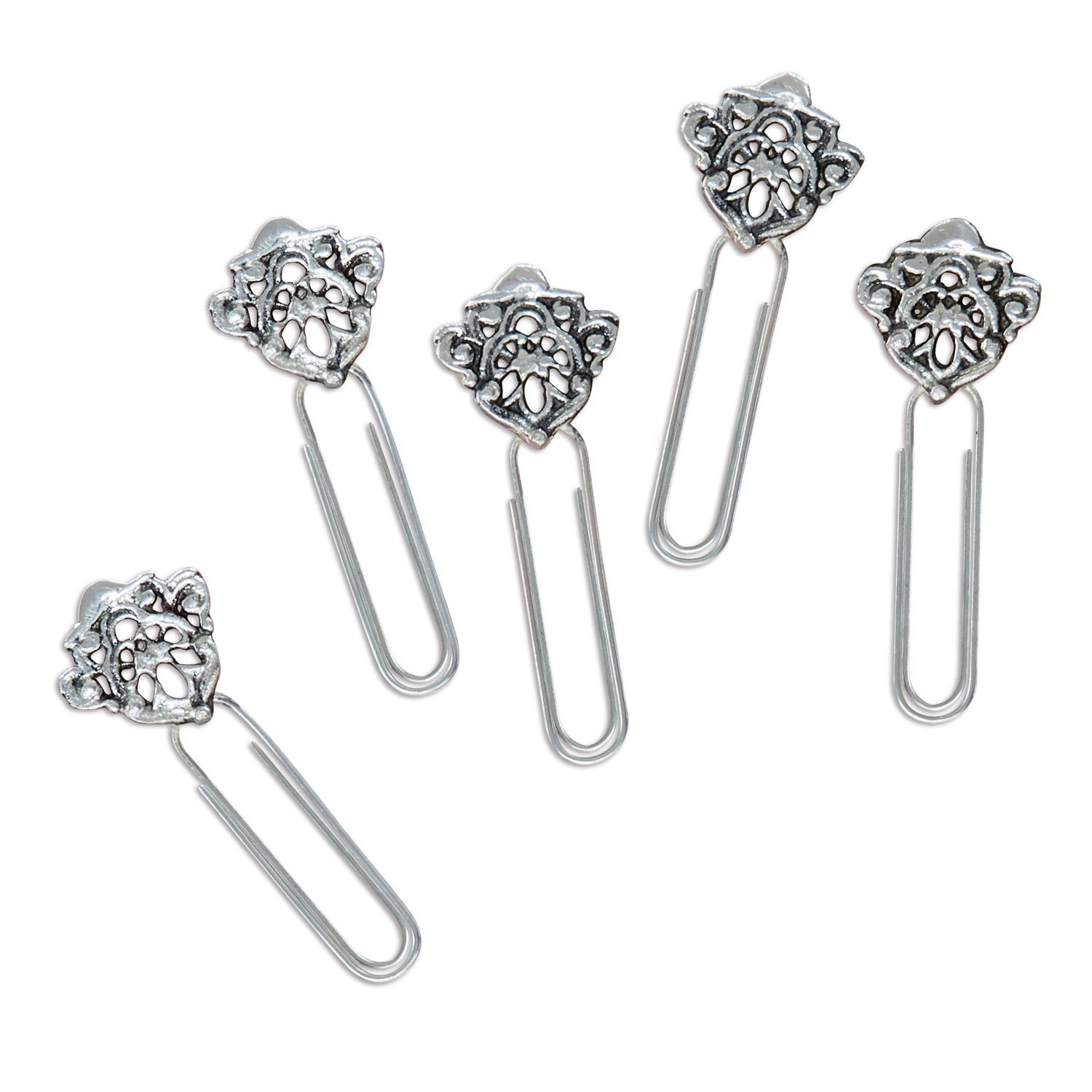 Set aus fünf Metallklammern mit silbernem Dekormuster zur Dokumentenorganisation