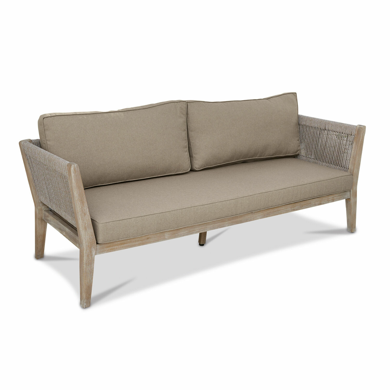 Sofa Biarritz Sofa mit hellbraunem Stoff und Holzrahmen mit geflochtenen Seiten, modernes Wohnzimmermöbel