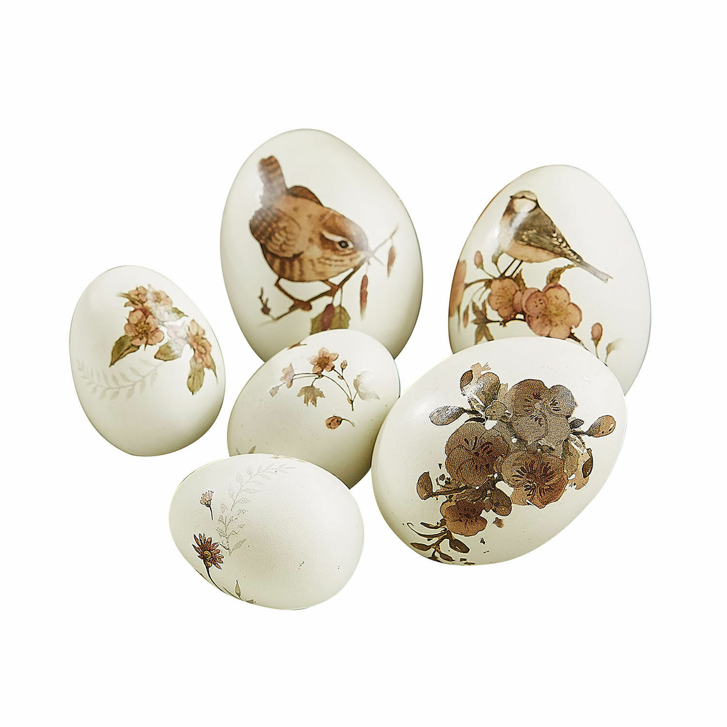 Deko-Ei 6er Set Sylphette Sechs dekorative Eier in Beige mit Vogel- und Blumenmotiven für Frühlingsdekoration
