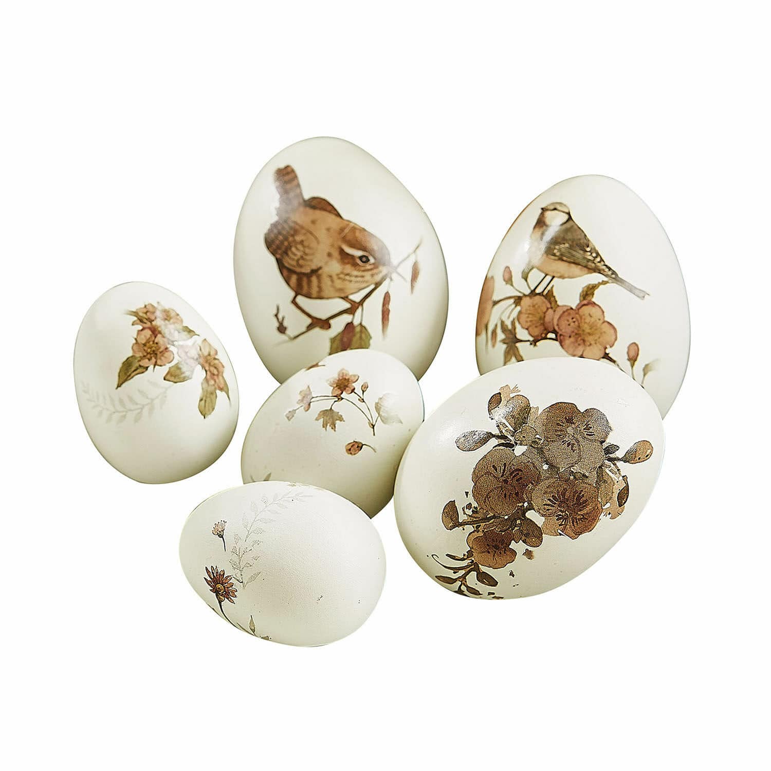 Deko-Ei 6er Set Sylphette Sechs dekorative Eier in Beige mit Vogel- und Blumenmotiven für Frühlingsdekoration