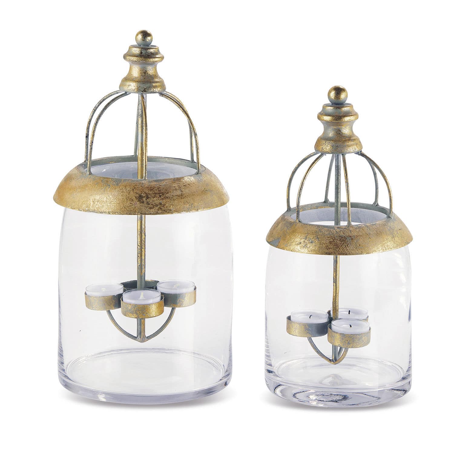 Set aus zwei Glaslaternen mit goldfarbenen Metallakzenten und Platz für Teelichter