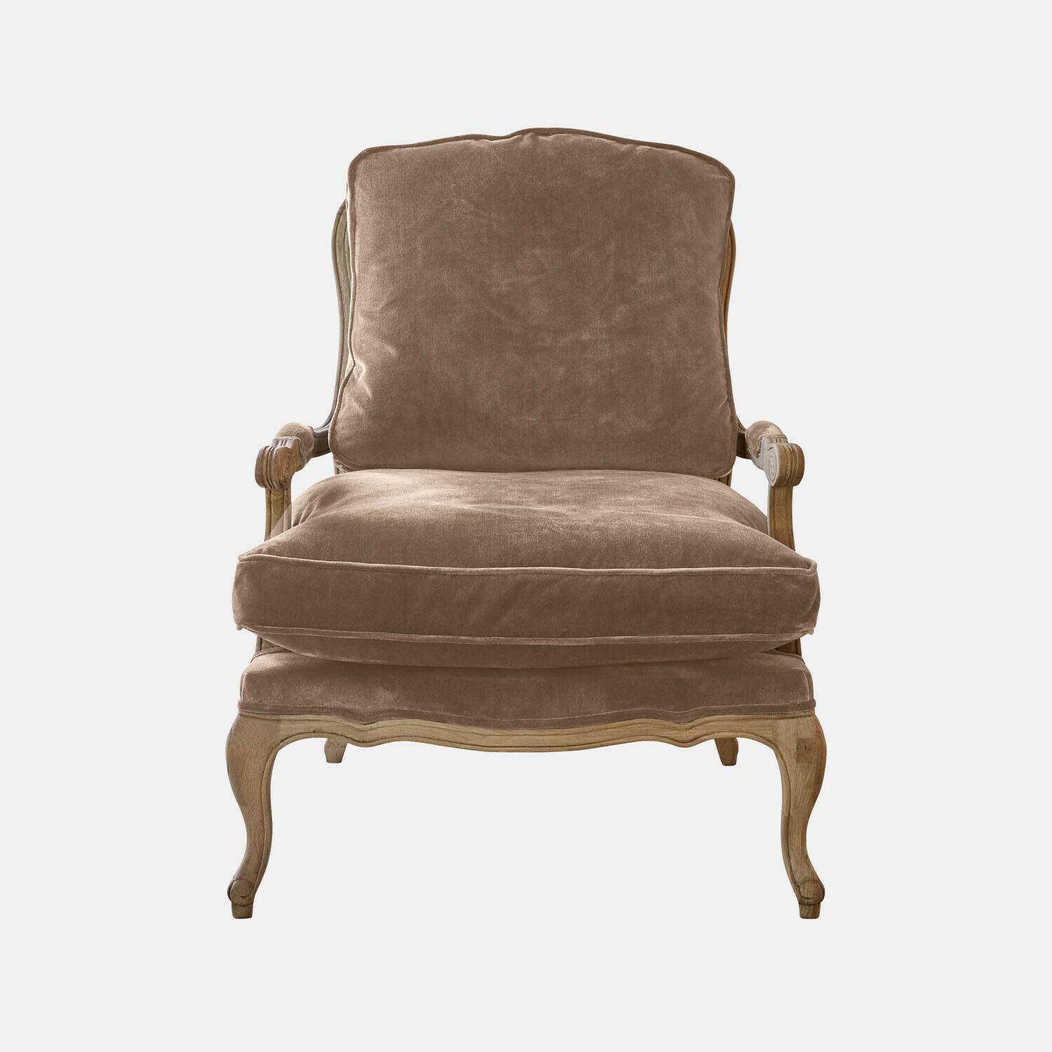 Sessel Corlay mit taupefarbenem Samtbezug und geschnitztem Holzrahmen im Vintage-Stil