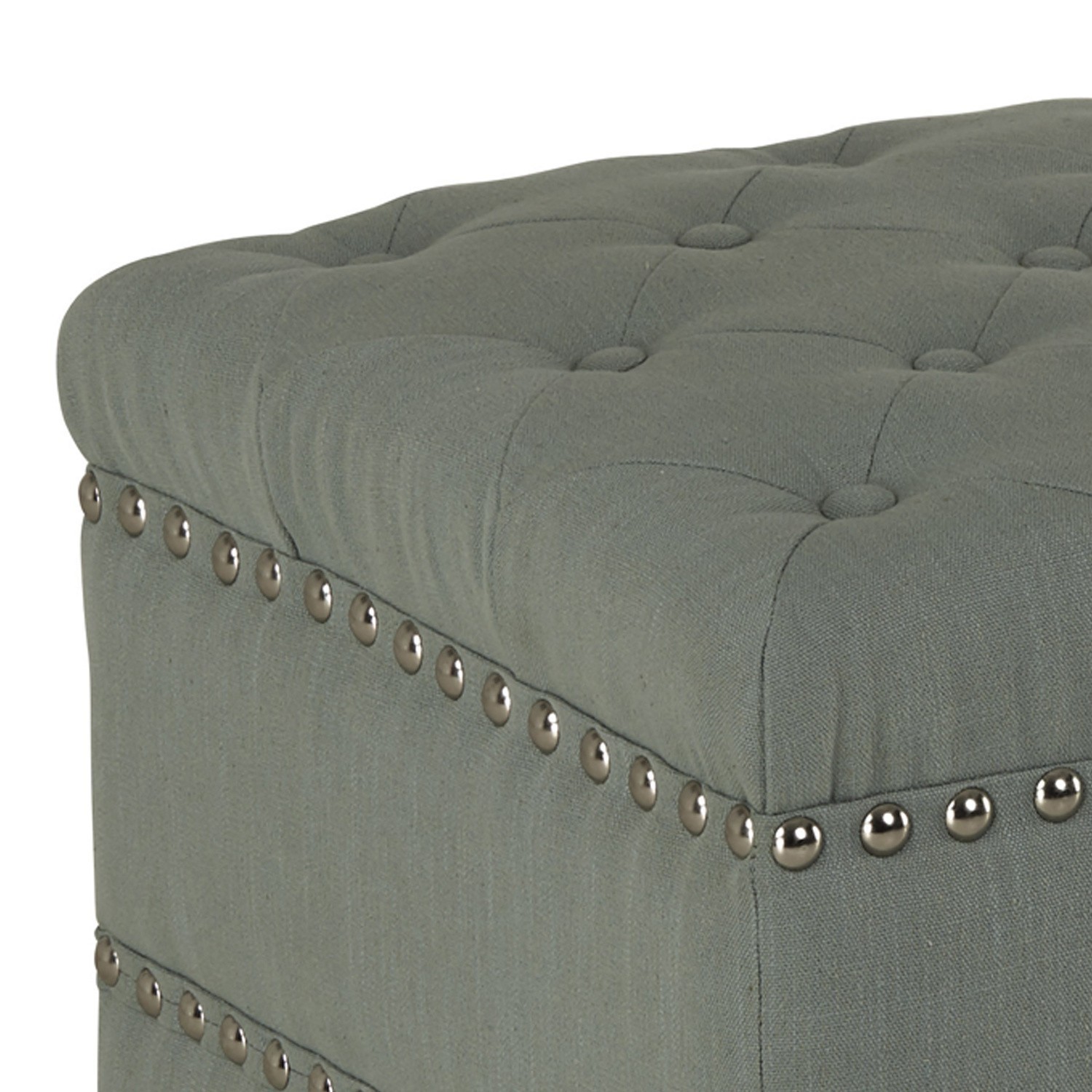 Grau gepolsterter Stoffhocker mit Knopfheftung und Metallnieten für Wohnzimmer