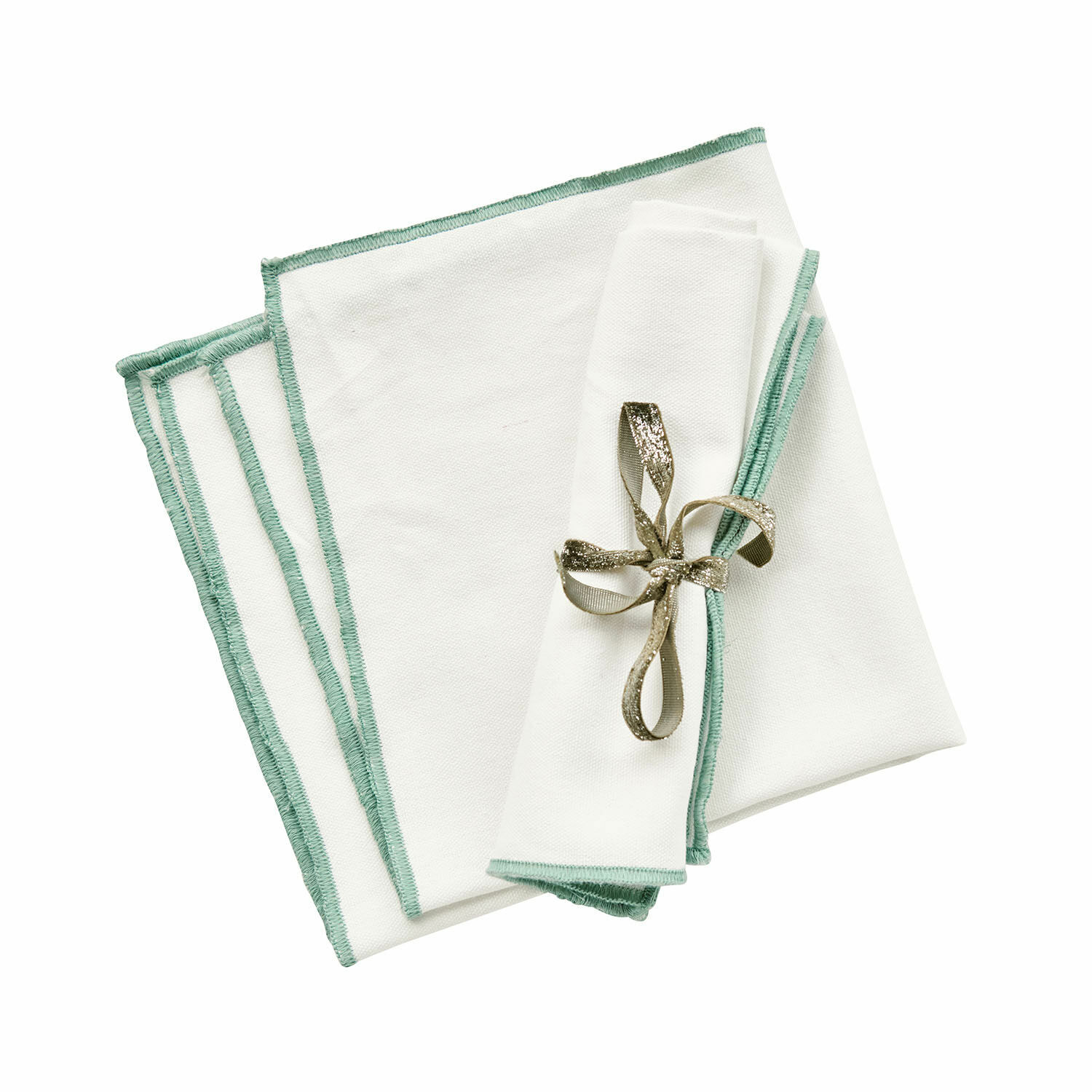 Set aus weißen Leinenservietten mit grünem Rand und goldener Schleife, Tischdekoration