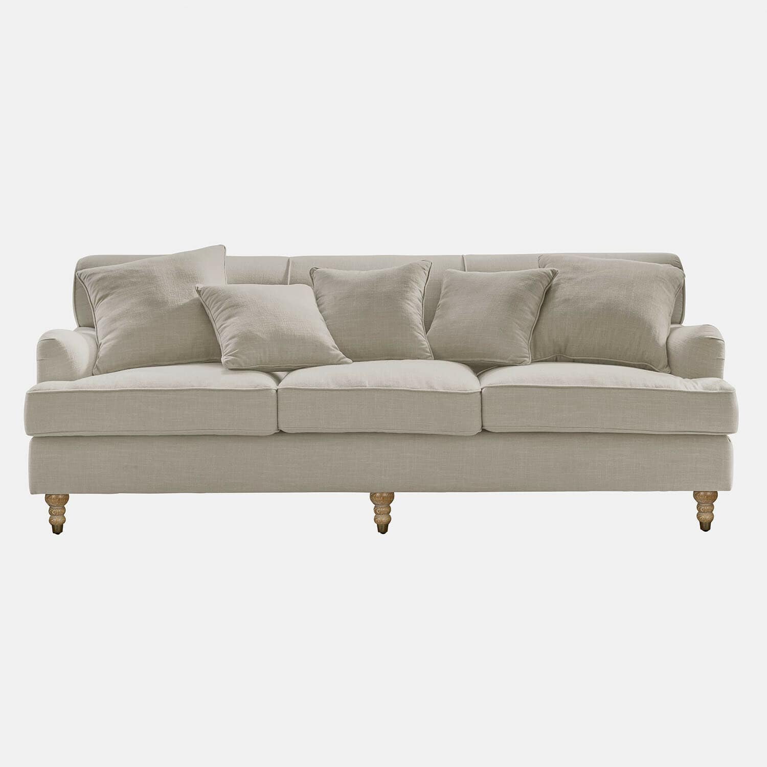 Beiges Sofa aus Stoff mit Kissen und gedrechselten Holzbeinen, bequemes Wohnzimmermöbel
