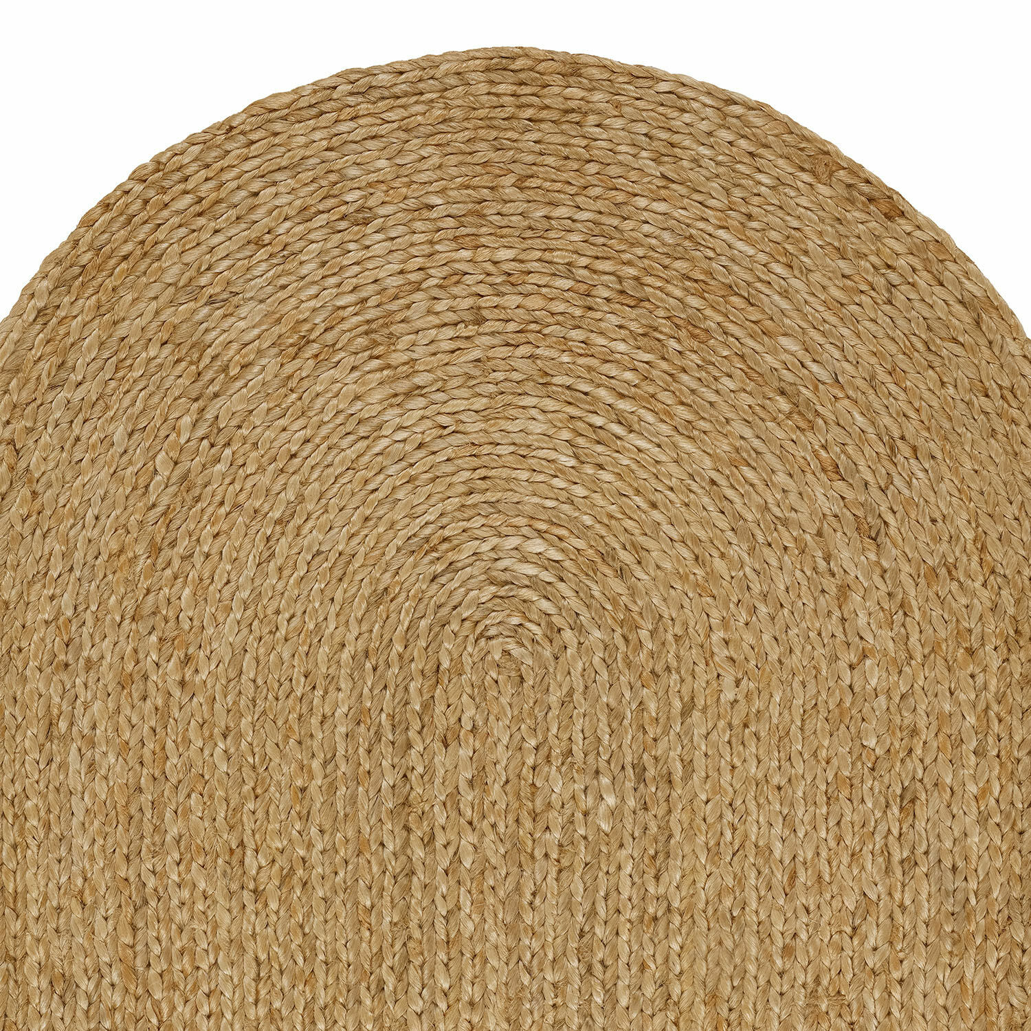 Runder Teppich aus geflochtener Naturjute in Beige, ideal für nachhaltige Wohnräume.