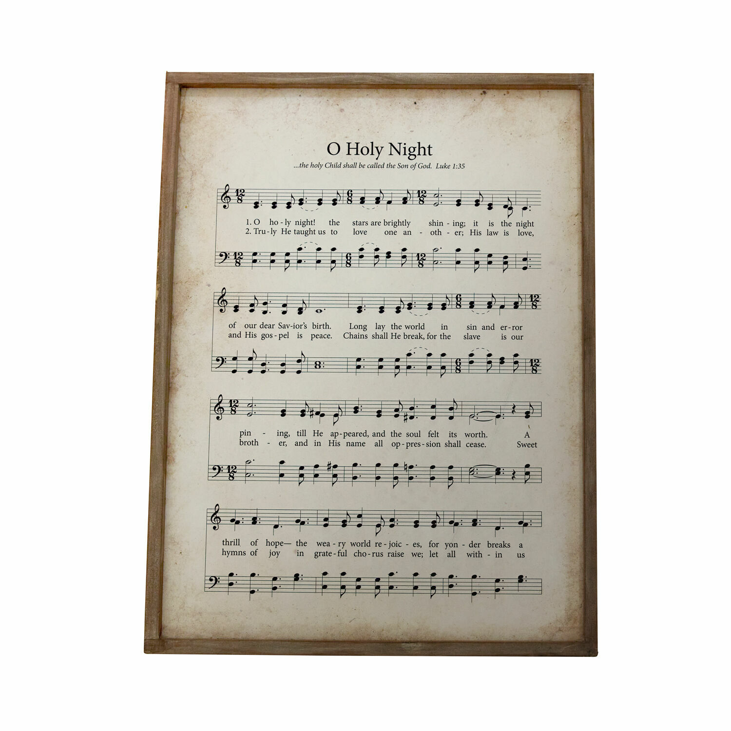 Bild Holy Night Bild mit Noten und Text von O Holy Night in Holzrahmen auf weißem Hintergrund