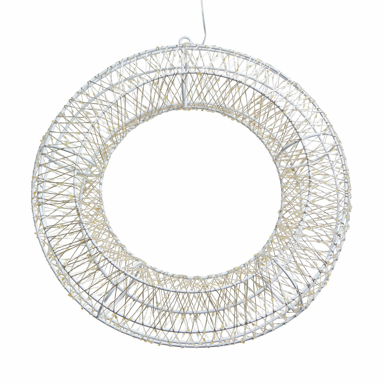 Runder weißer Metallkranz mit feinem Geflecht und LED-Lichterkette zur Wohnraumdekoration