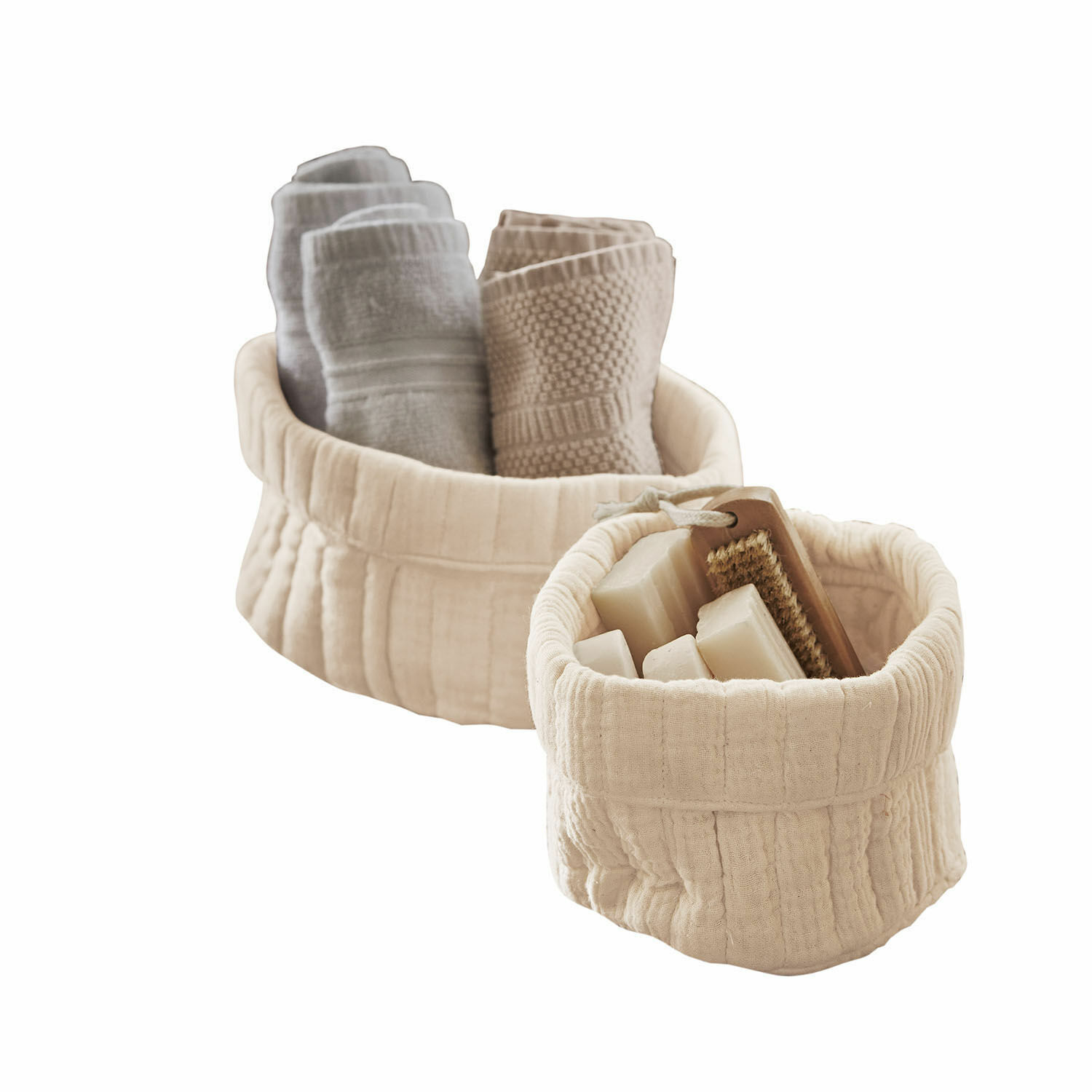 Korb 2er Set Huillé Beige Baumwollkörbe mit Handtüchern und Seife zur Badezimmeraufbewahrung