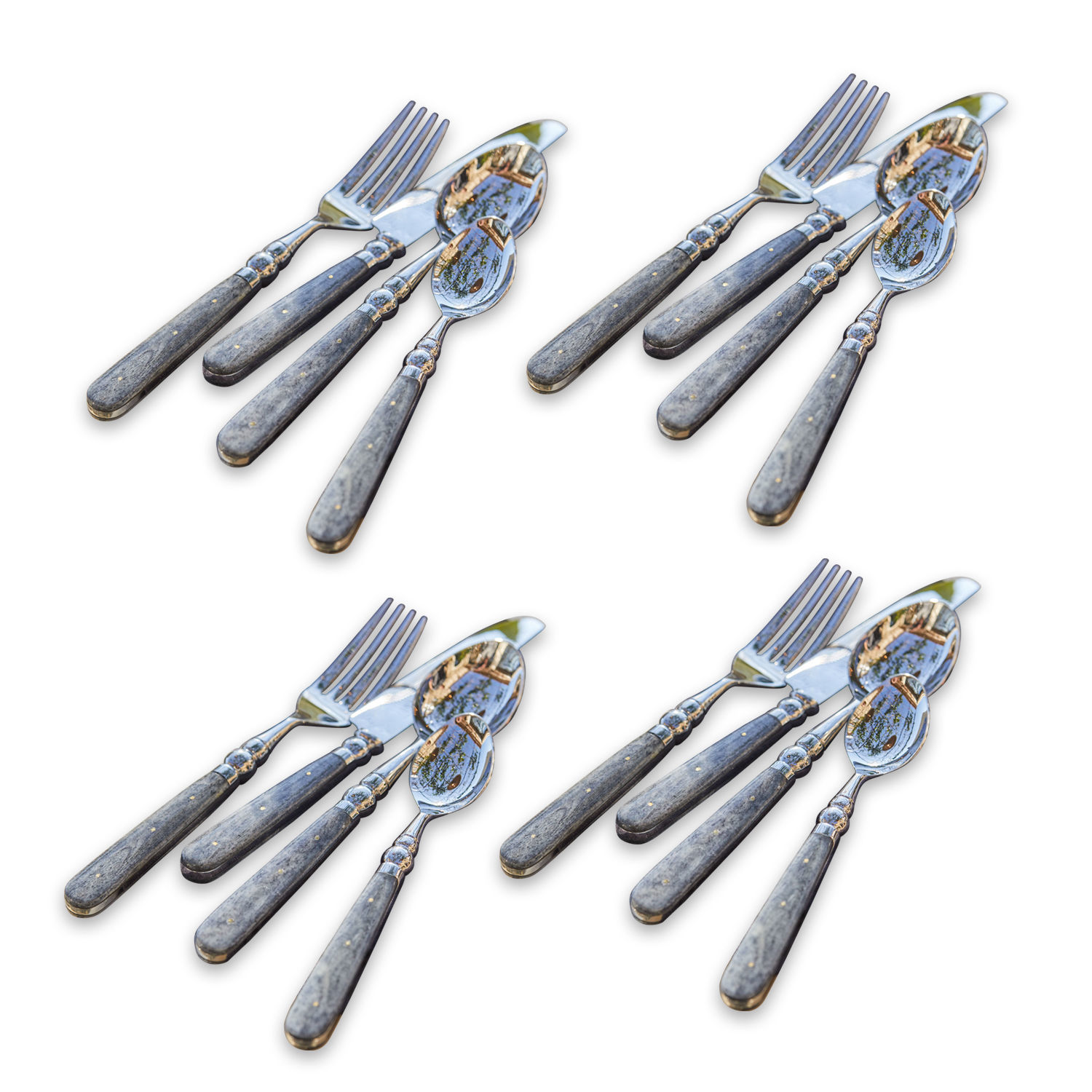 Besteck Bigeste Besteckset mit grauen Holzgriffen und Metallenden, 4 Gabel-, Messer- und Löffelsets