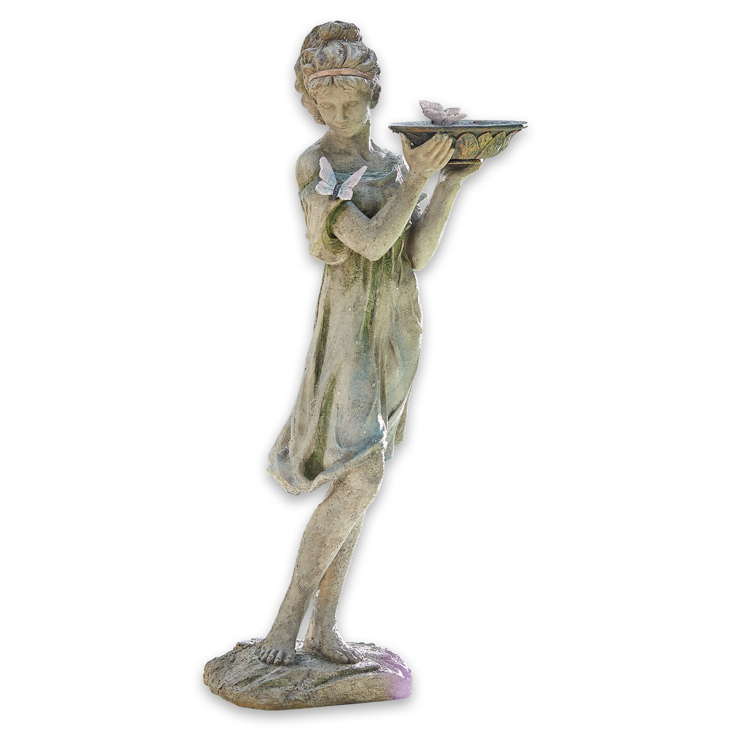 Skulptur Malia Steinfigur eines Mädchens in grünem Kleid mit Schale und Schmetterlingen für Garten